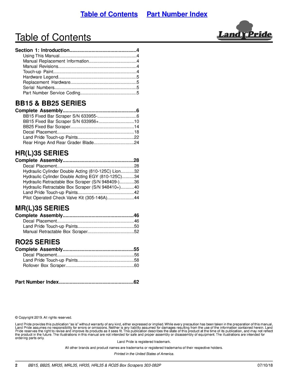 LAND PRIDE BB15 Series Box Scrapers Parts Manual 2019 - WIRE BOUND - COVERS