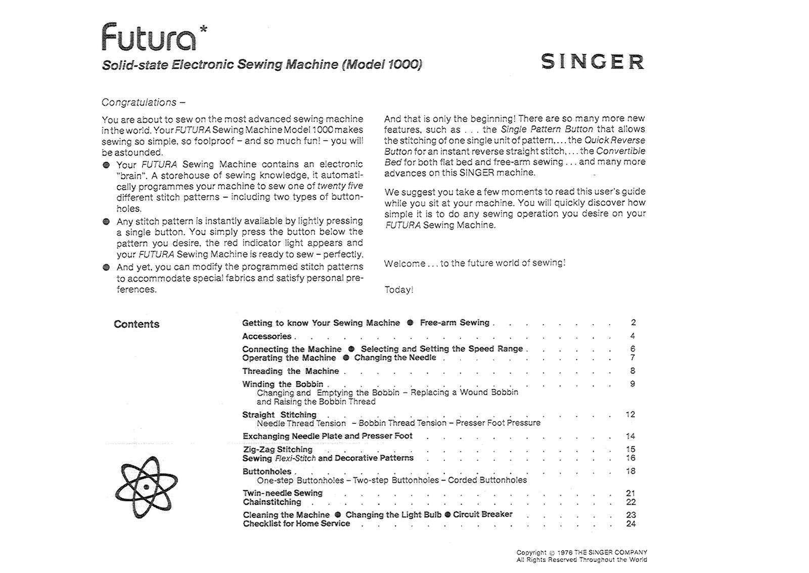 SINGER Futura 1000 Sewing Machine Instruction Manual 1976 - WIRE BOUND - COVERS