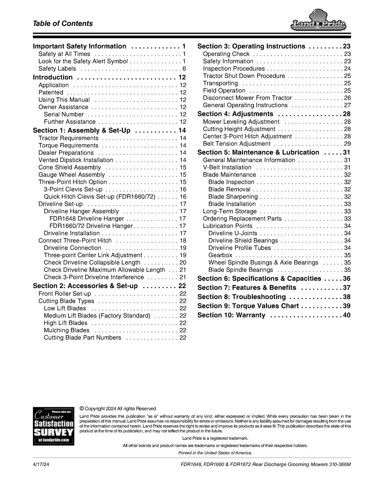 LAND PRIDE FDR16 Series Grooming Mowers Operators Manual - WIRE BOUND - COVERS