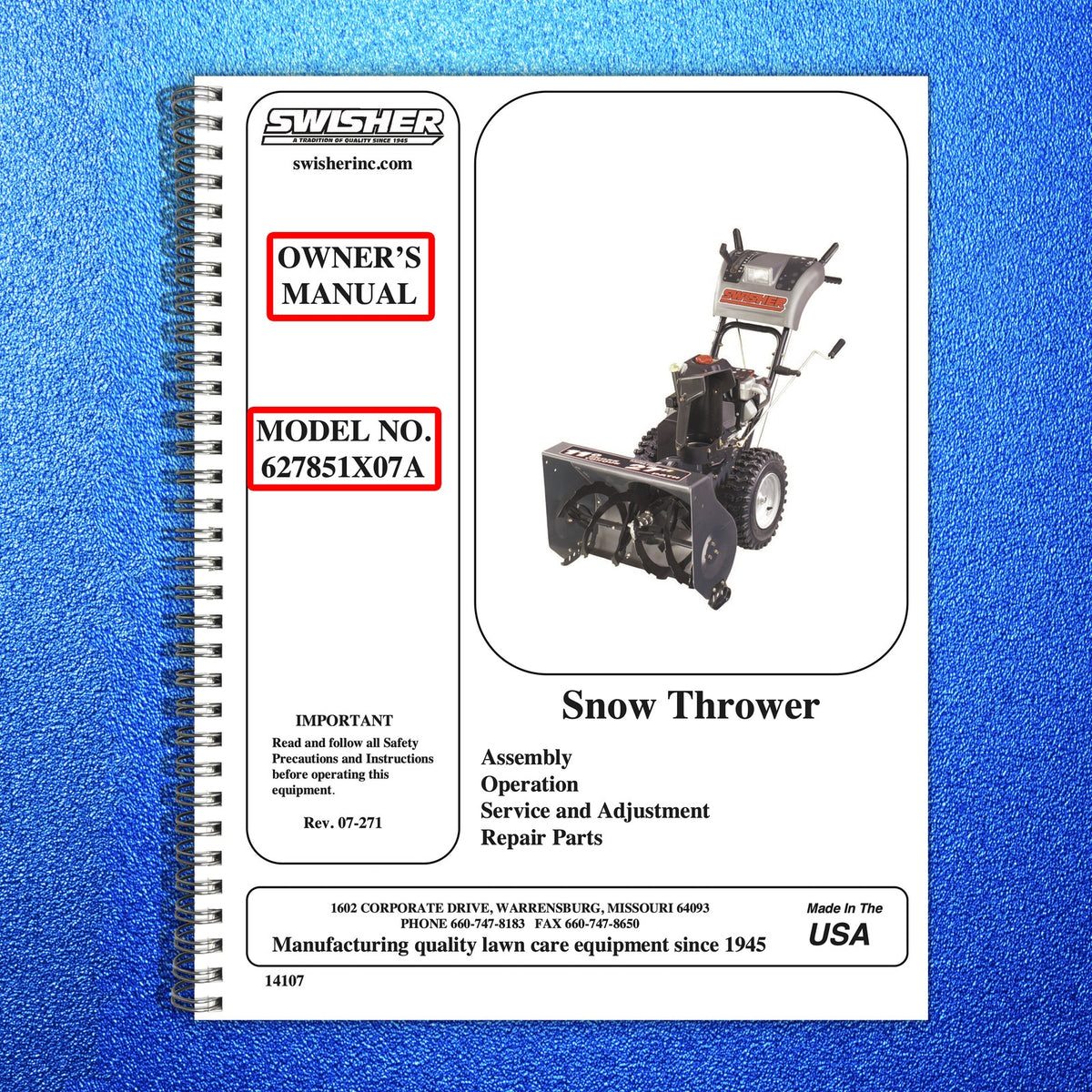SWISHER 627851X07A Snow Thrower Owners Operators & Service & Parts Manual BUNDLE