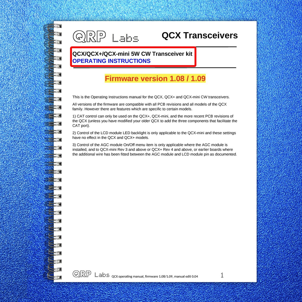 QRP LABS QCX-Mini QDX QMX Assembly & Operators Manual BUNDLE - WIRE BOUND