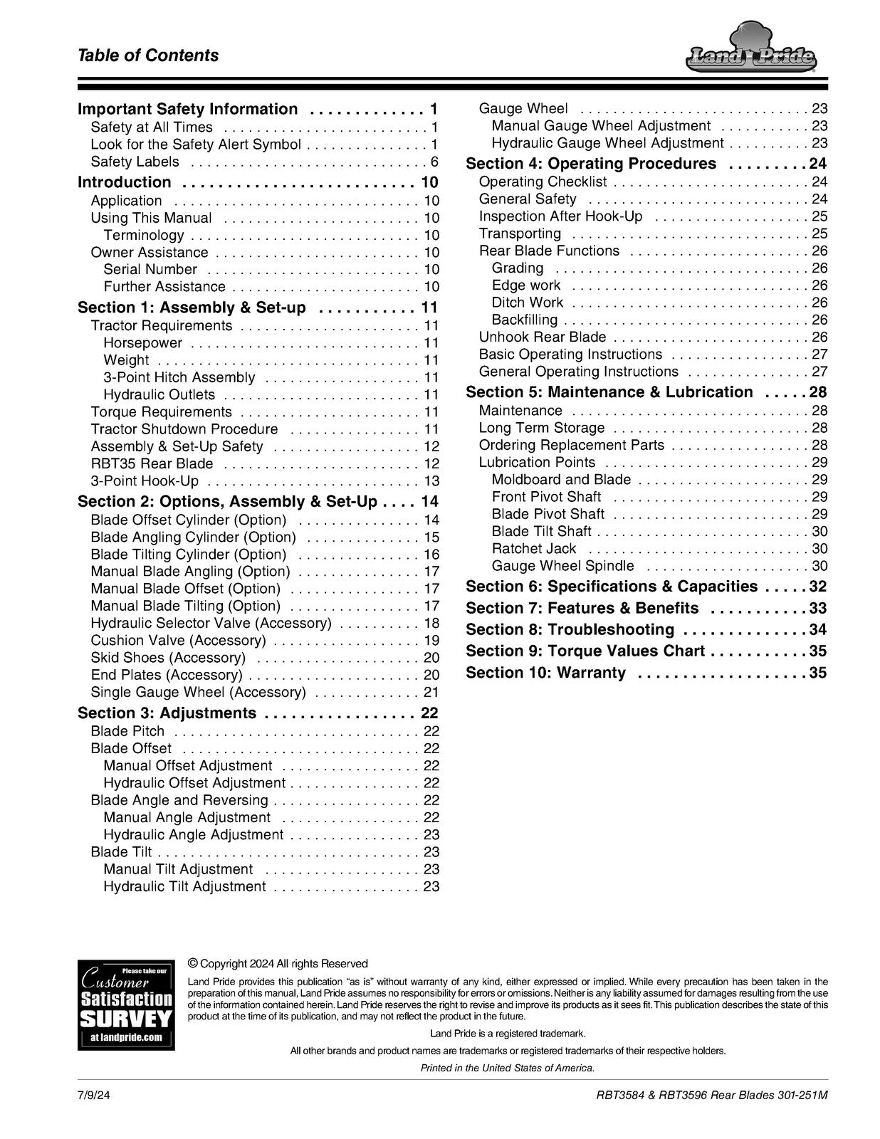 LAND PRIDE RBT35 Series Rear Blades Operators Manual - WIRE BOUND - TOUGH COVERS
