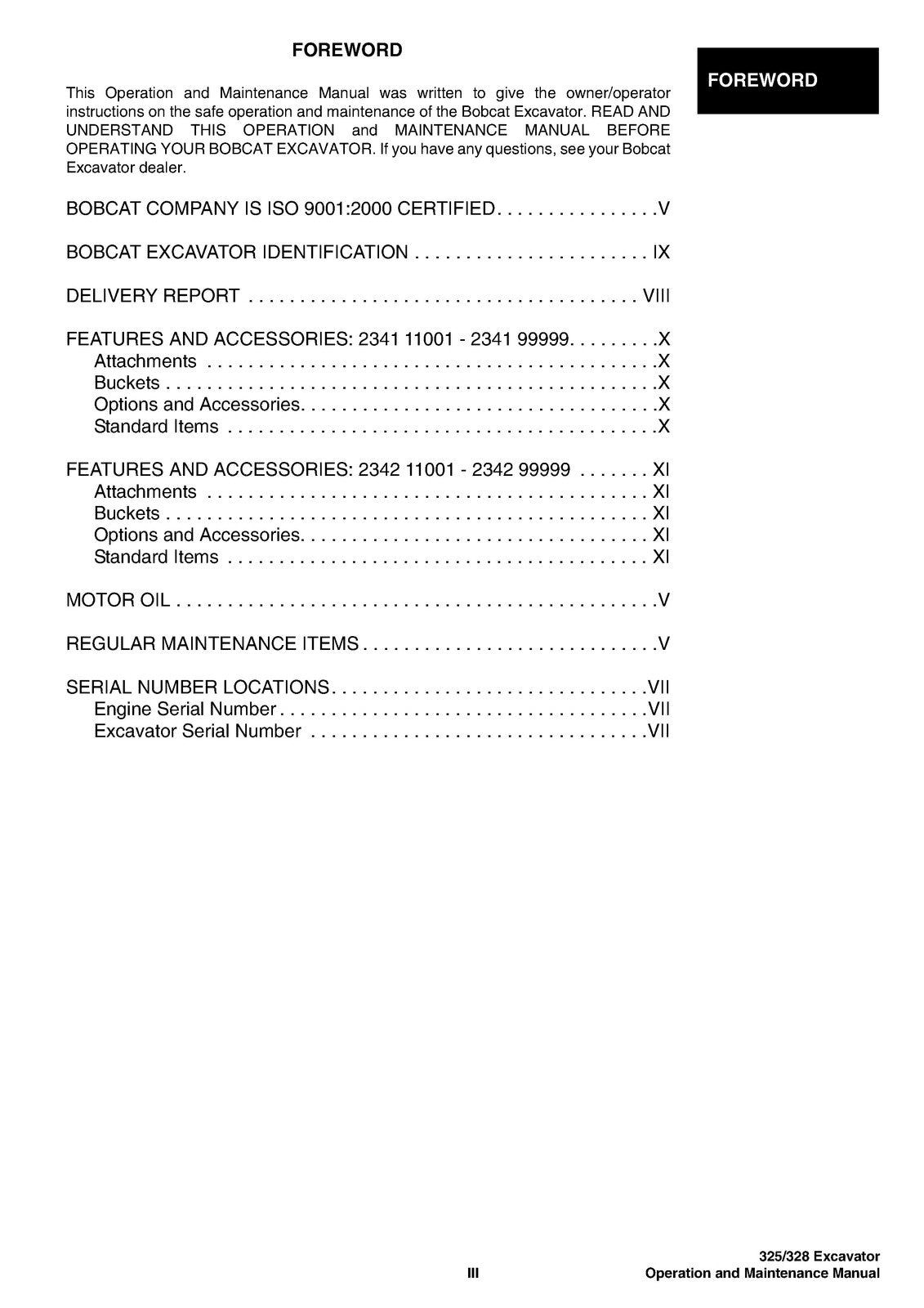 BOBCAT 325 328 G Series Excavator Operation And Maintenance Manual - WIRE BOUND