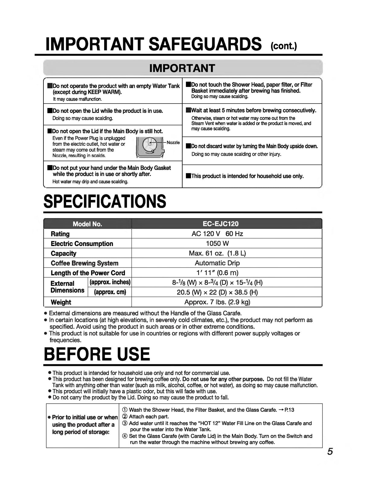 ZOJIRUSHI EC-EJC120 Coffee Maker Operating Instructions Manual - WIRE BOUND