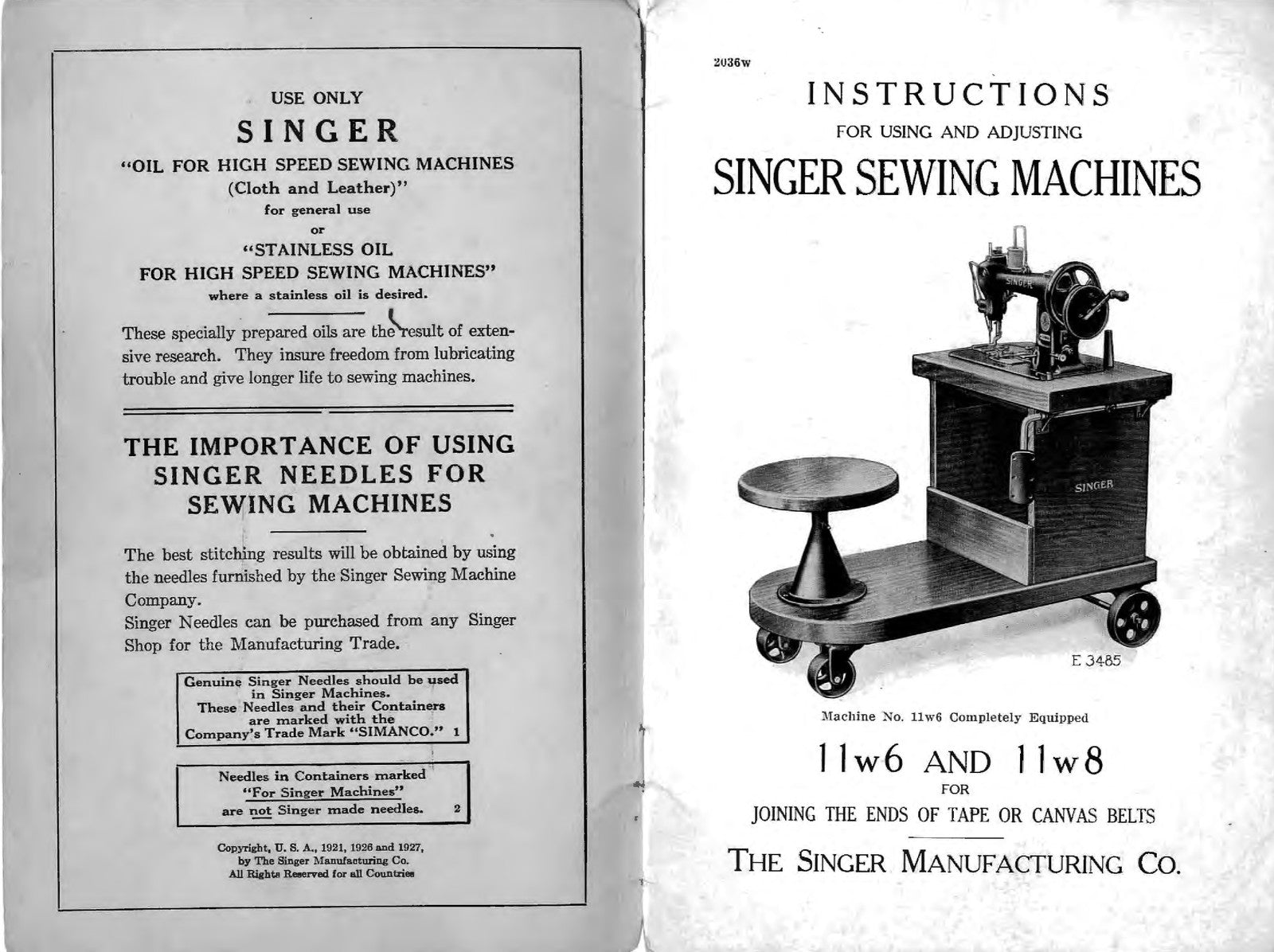SINGER 11W6 11W8 Industrial Sewing Machine Instruction Manual - WIRE BOUND