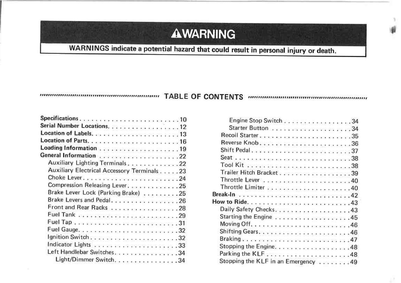 KAWASAKI Bayou 220 Owners Manual 1991 - STEEL WIRE BOUND - PROTECTIVE COVERS