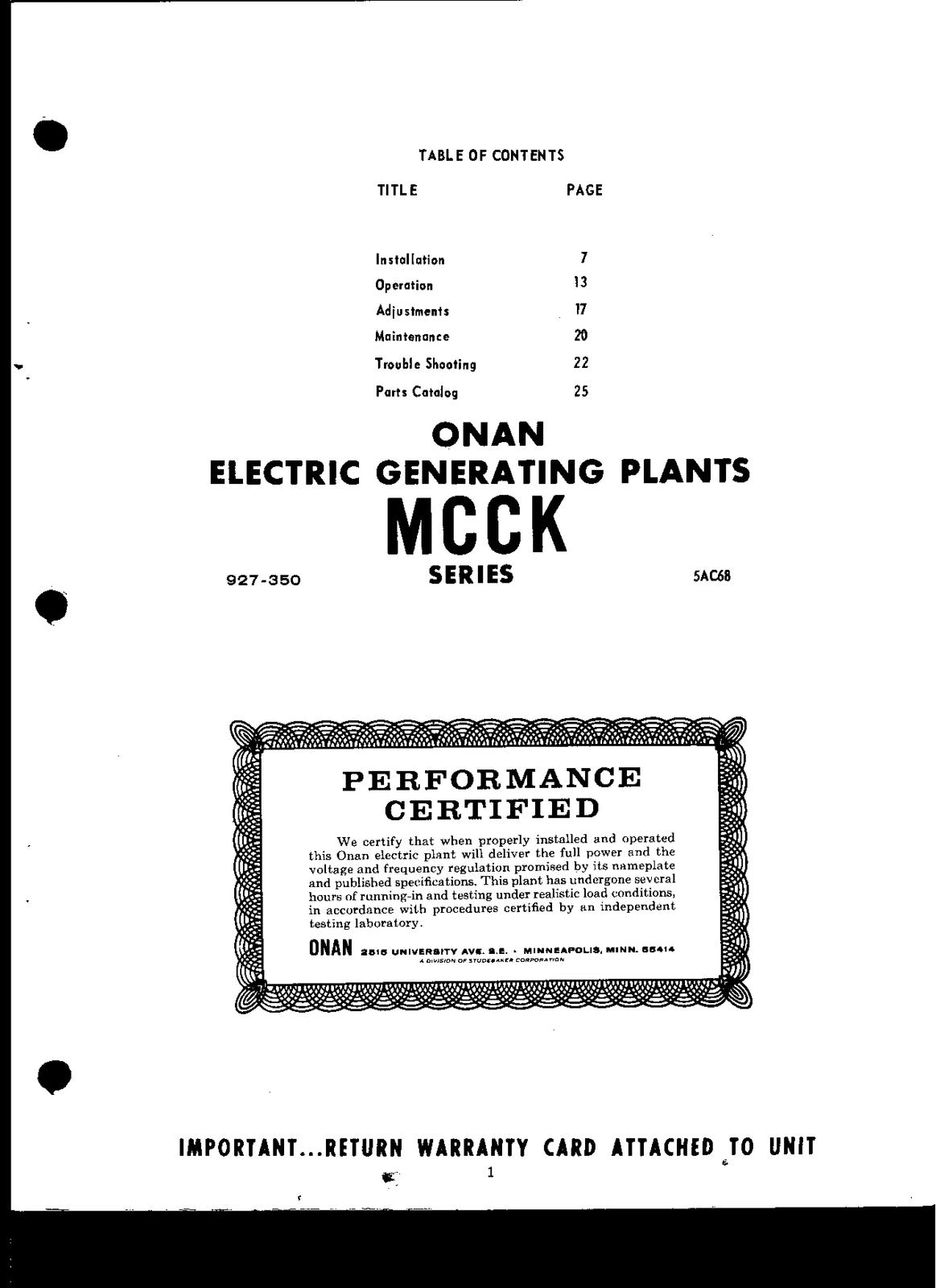 ONAN MCCK Series Genset Operators Manual And Parts Catalog - WIRE BOUND - COVERS