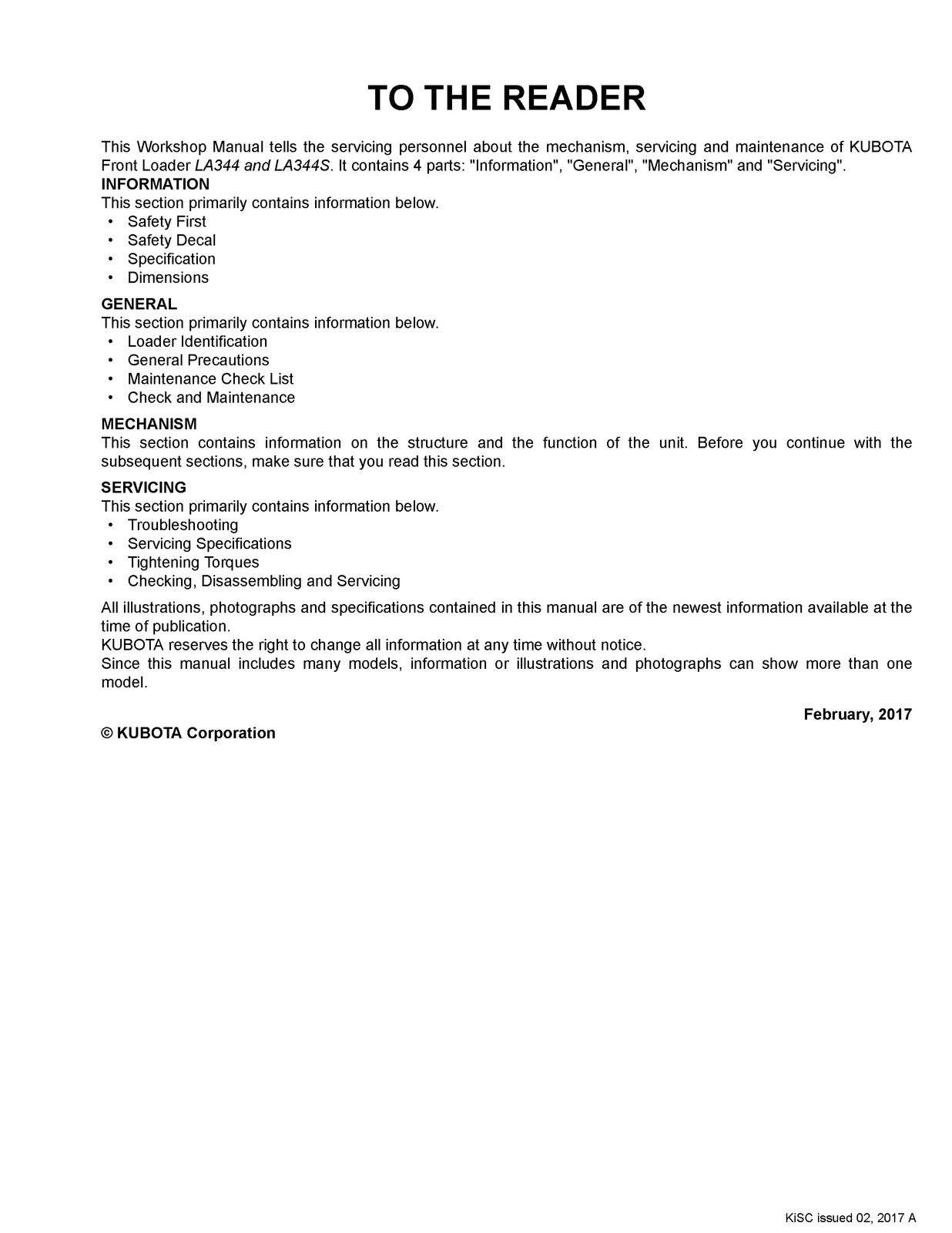 KUBOTA LA344 LA344S Front Loader Workshop Manual 2017 - WIRE BOUND - COVERS