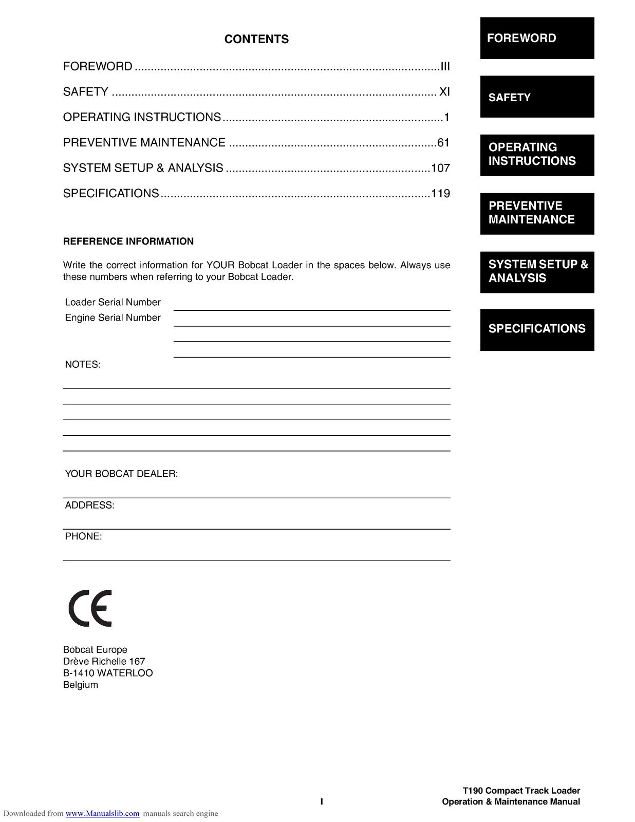 BOBCAT T190 Operation Maintenance Manual 2006 SN 531711001 Up - WIRE BOUND