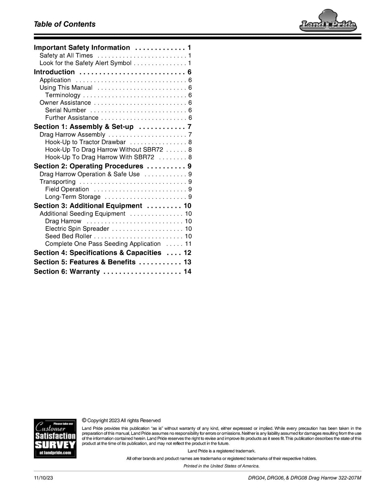 LAND PRIDE DRG Drag Harrows Operators Manual - STEEL WIRE BOUND - TOUGH COVERS