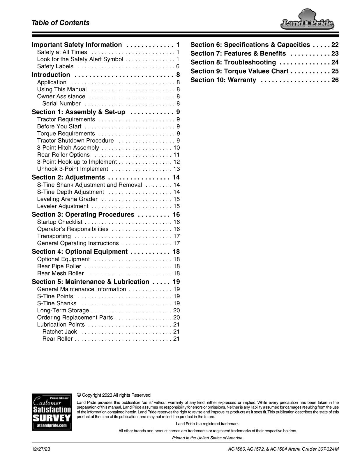LAND PRIDE AG15 Series Arena Graders Operators Manual - WIRE BOUND - COVERS