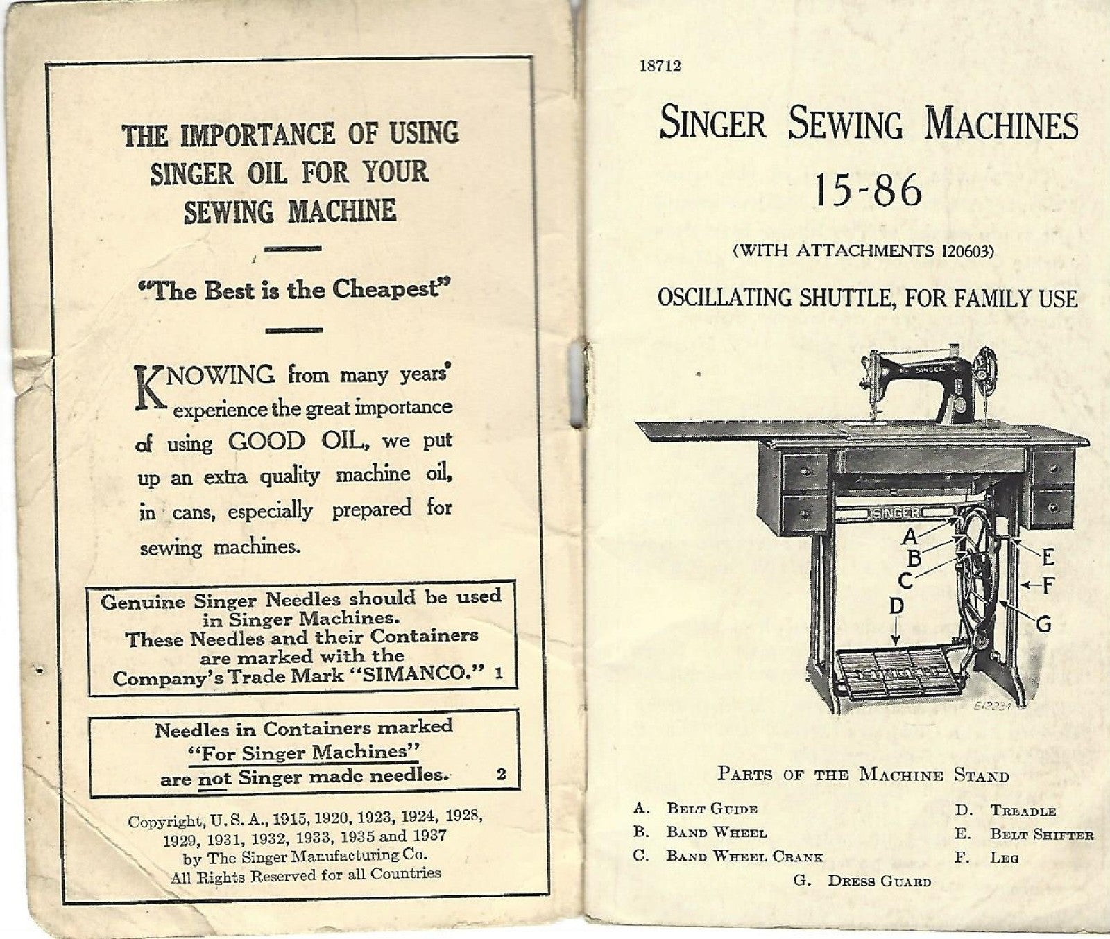 SINGER 15-86 Sewing Machine Instruction Manual 1937 - WIRE BOUND - TOUGH COVERS