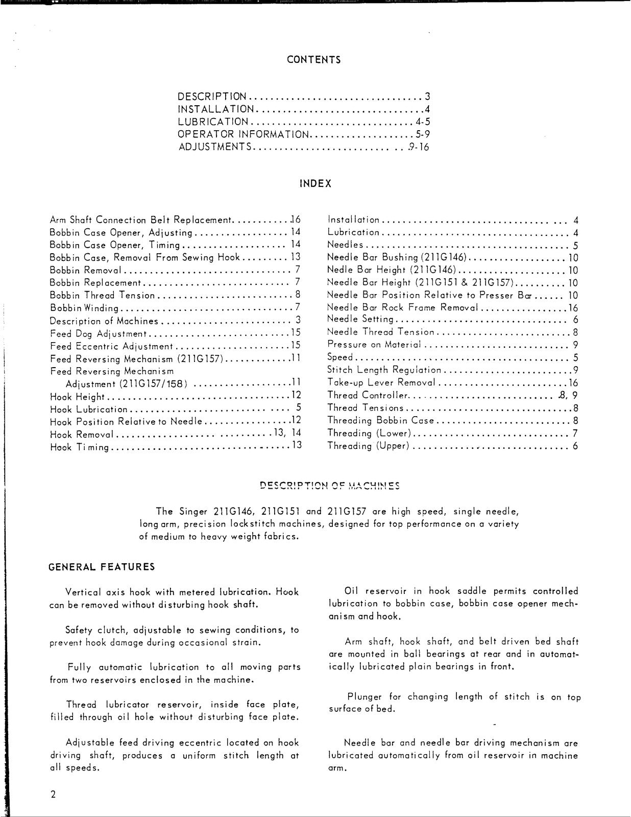 SINGER 211G146 211G151 211G157 Sewing Machine Service Manual - WIRE BOUND