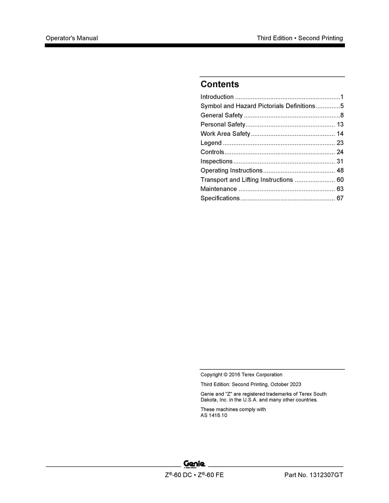 GENIE Z-60 DC Z-60 FE Operators Manual SN Z60H-3000 Up 2023 - WIRE BOUND