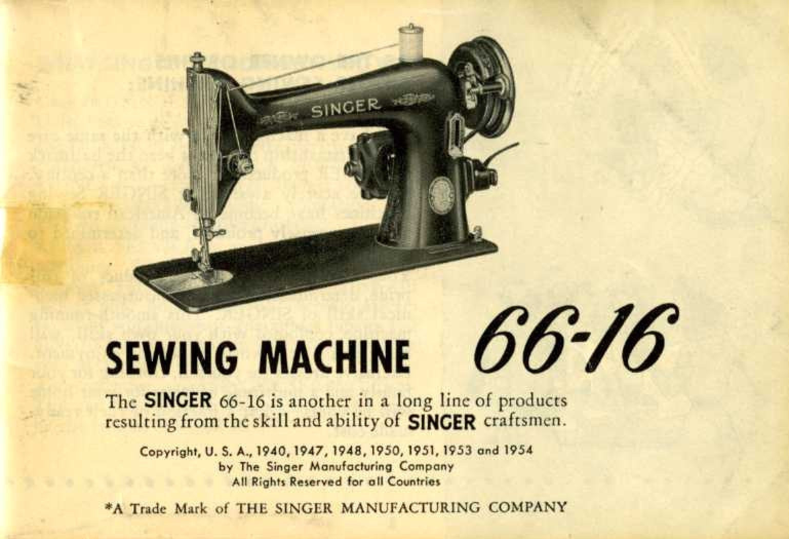 SINGER 66-16 Sewing Machine Instruction Manual 1954 - WIRE BOUND - TOUGH COVERS