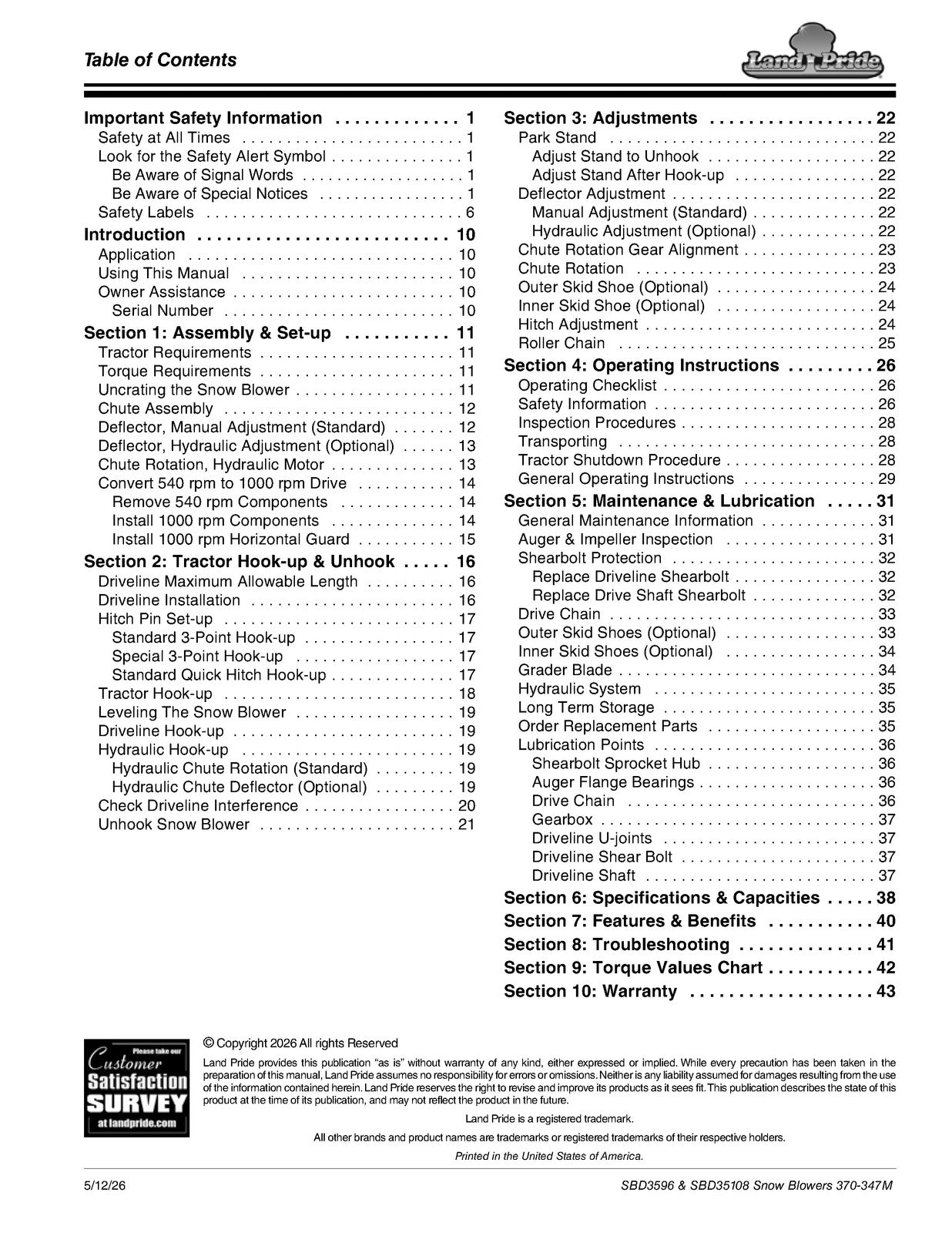 LAND PRIDE SBD3596 Series Snow Blowers Operators Manual - WIRE BOUND - COVERS