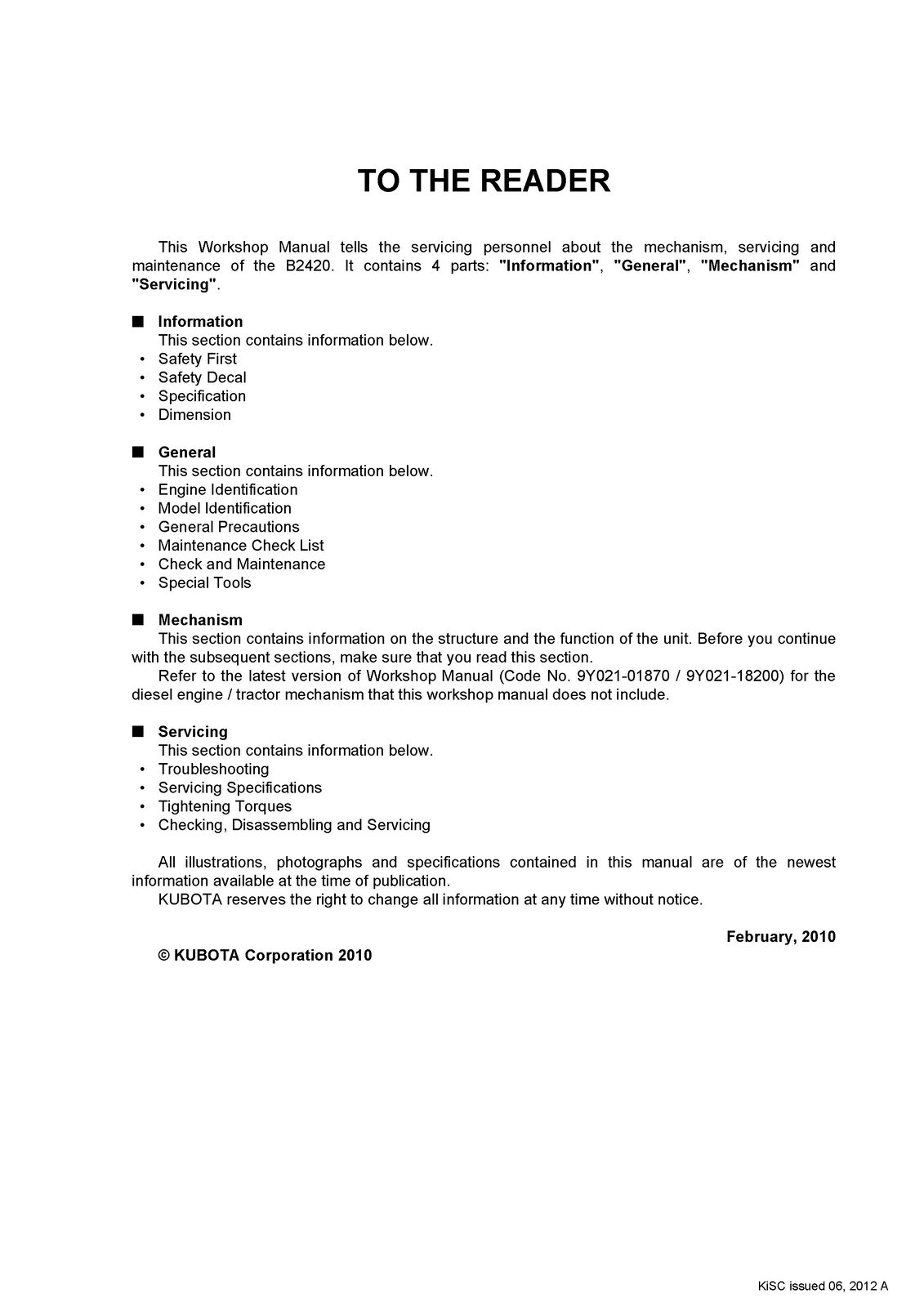 KUBOTA B2420 TRACTOR WORKSHOP MAUAL - STEEL WIRE BOUND - PROTECTIVE COVERS