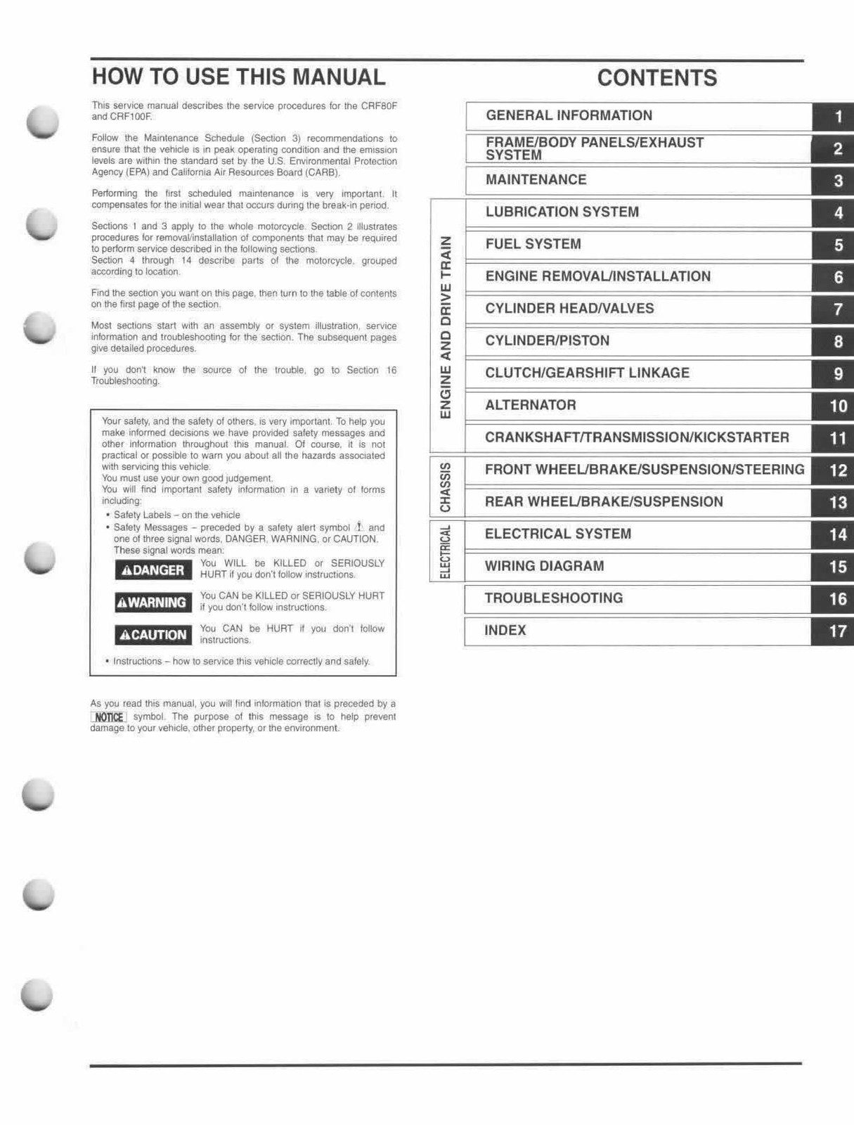 HONDA CRF80F CRF100F Motorcycle Service Manual 2004-2013 - WIRE BOUND - COVERS
