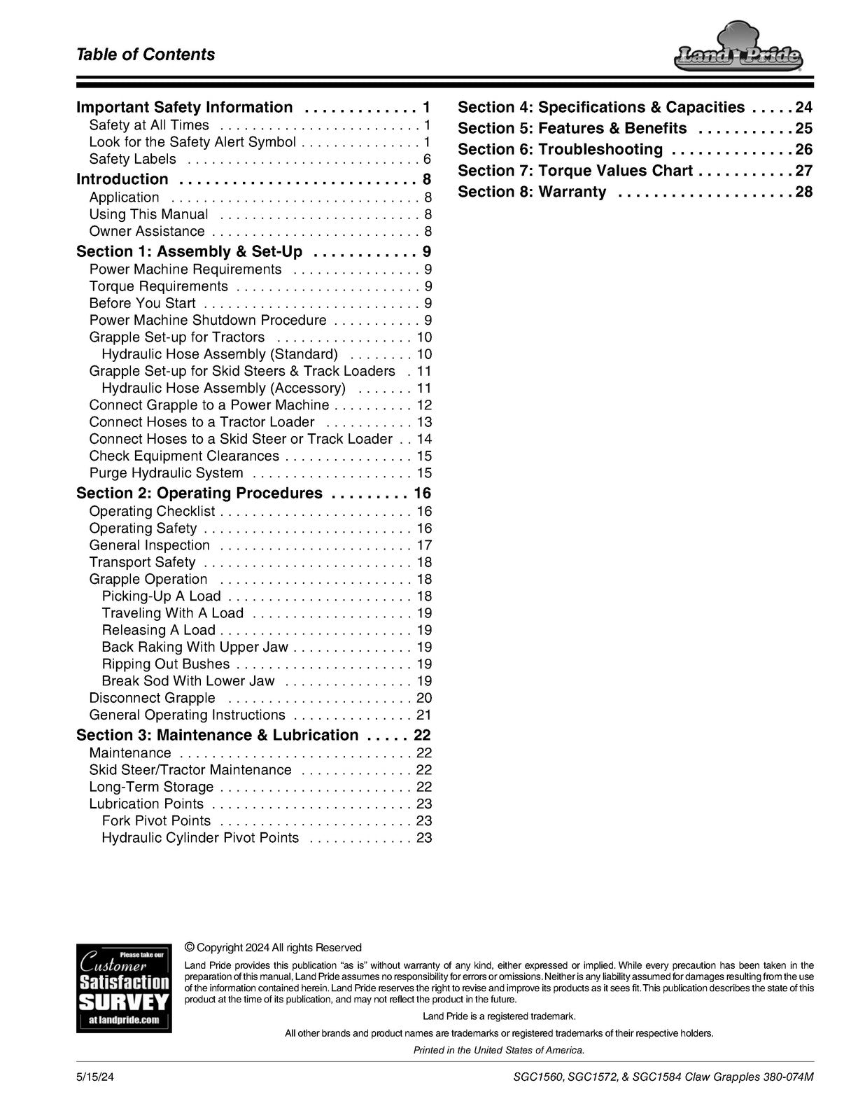 LAND PRIDE SGC15 Series Claw Grapples Operators Manual - WIRE BOUND - COVERS
