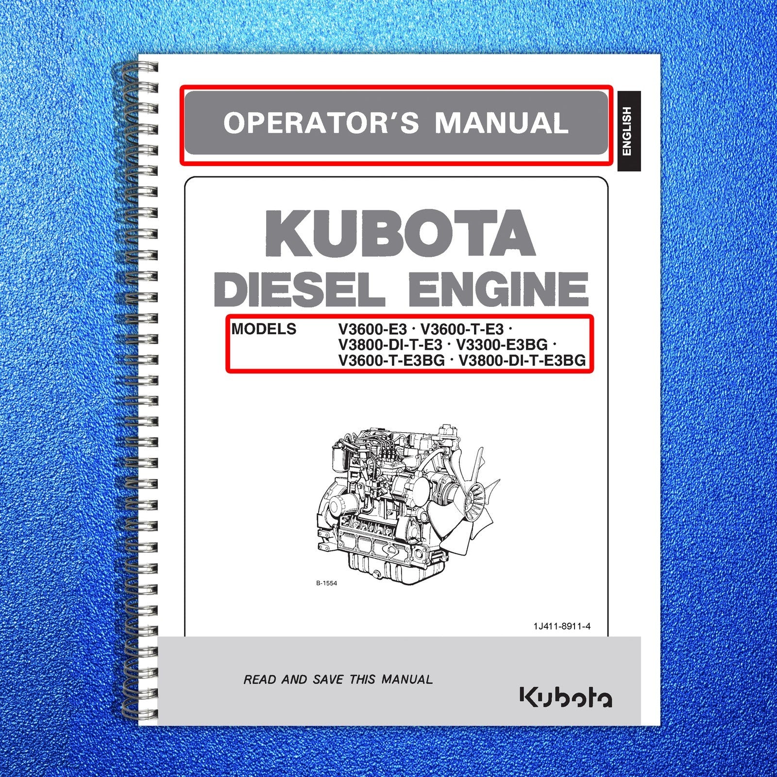 KUBOTA V3300 V3600 V3800 Engine Workshop & Operators Manual BUNDLE - WIRE BOUND