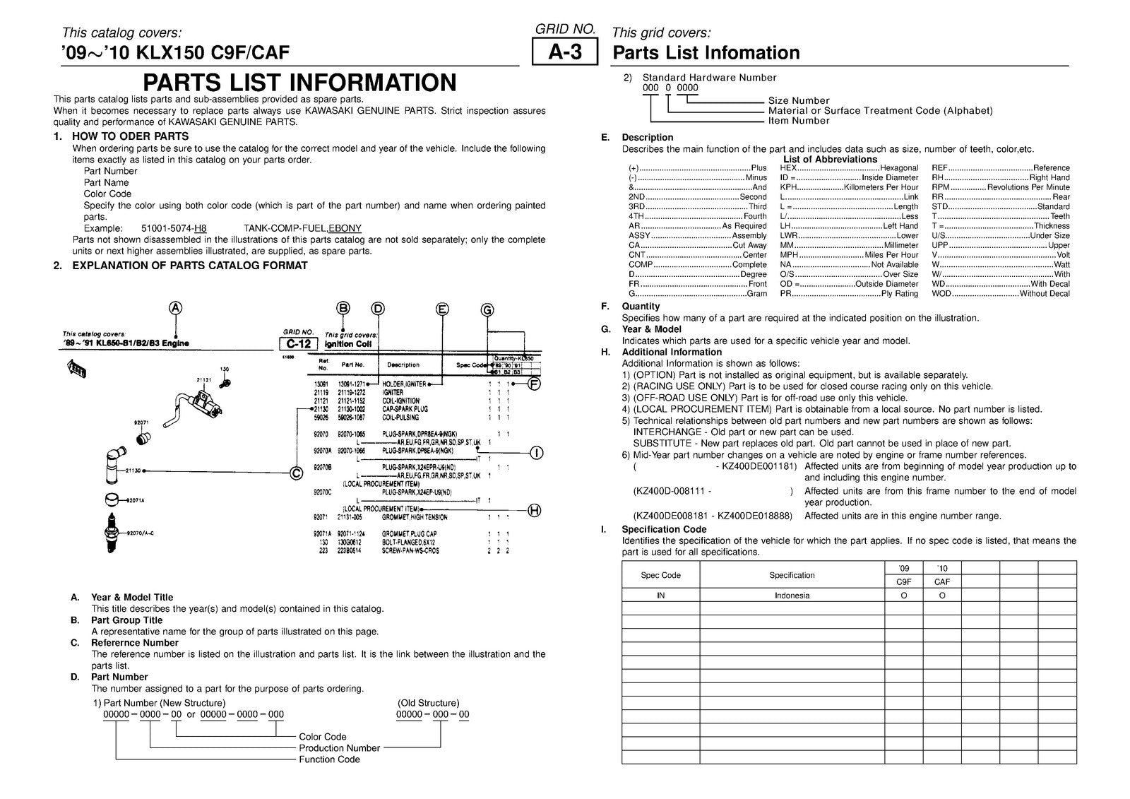 KAWASAKI KLX150 C9F CAF Parts Catalog Manual 2009 2010 - WIRE BOUND - COVERS