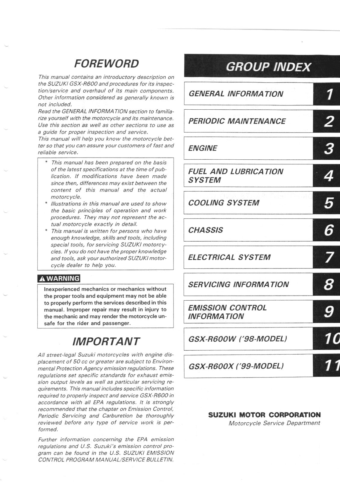SUZUKI GSX-R600 Motorcycle Service Manual 1997-2000 - WIRE BOUND - TOUGH COVERS