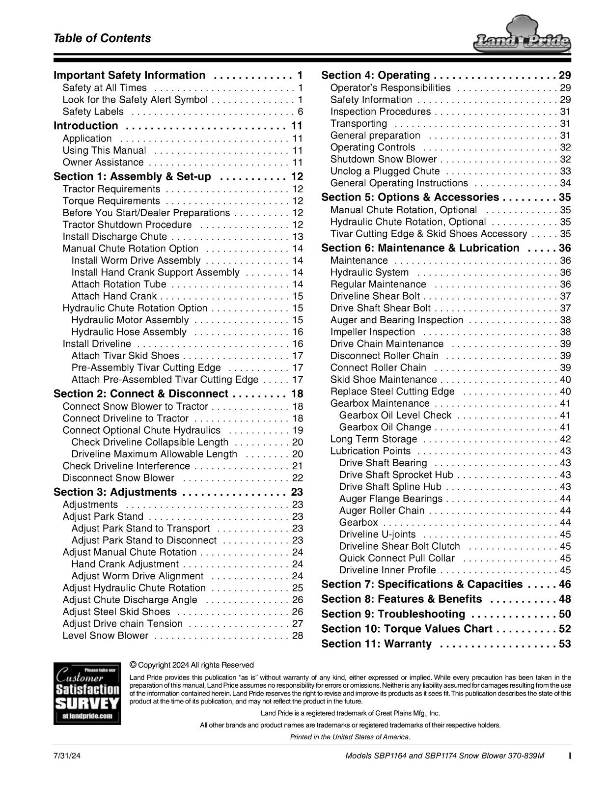 LAND PRIDE SBP11 Series Snow Blowers Operators Manual - WIRE BOUND - COVERS