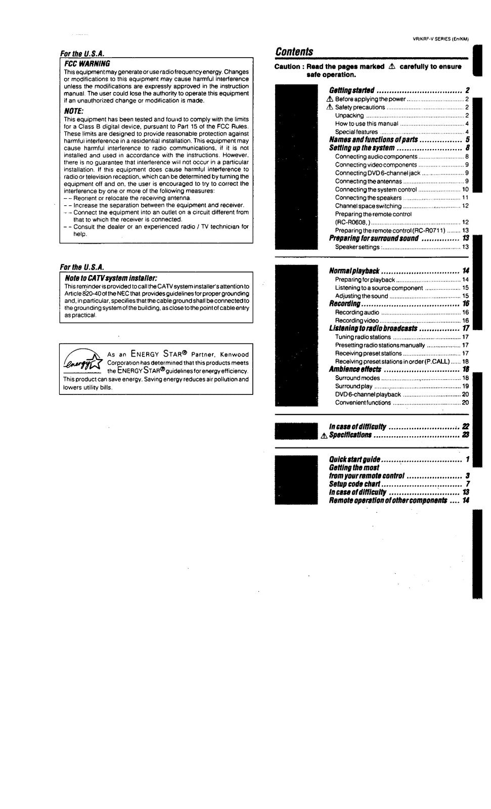 KENWOOD VR-306 305 355 KRF-V6020 5020 Audio Video Instruction Manual - BOUND