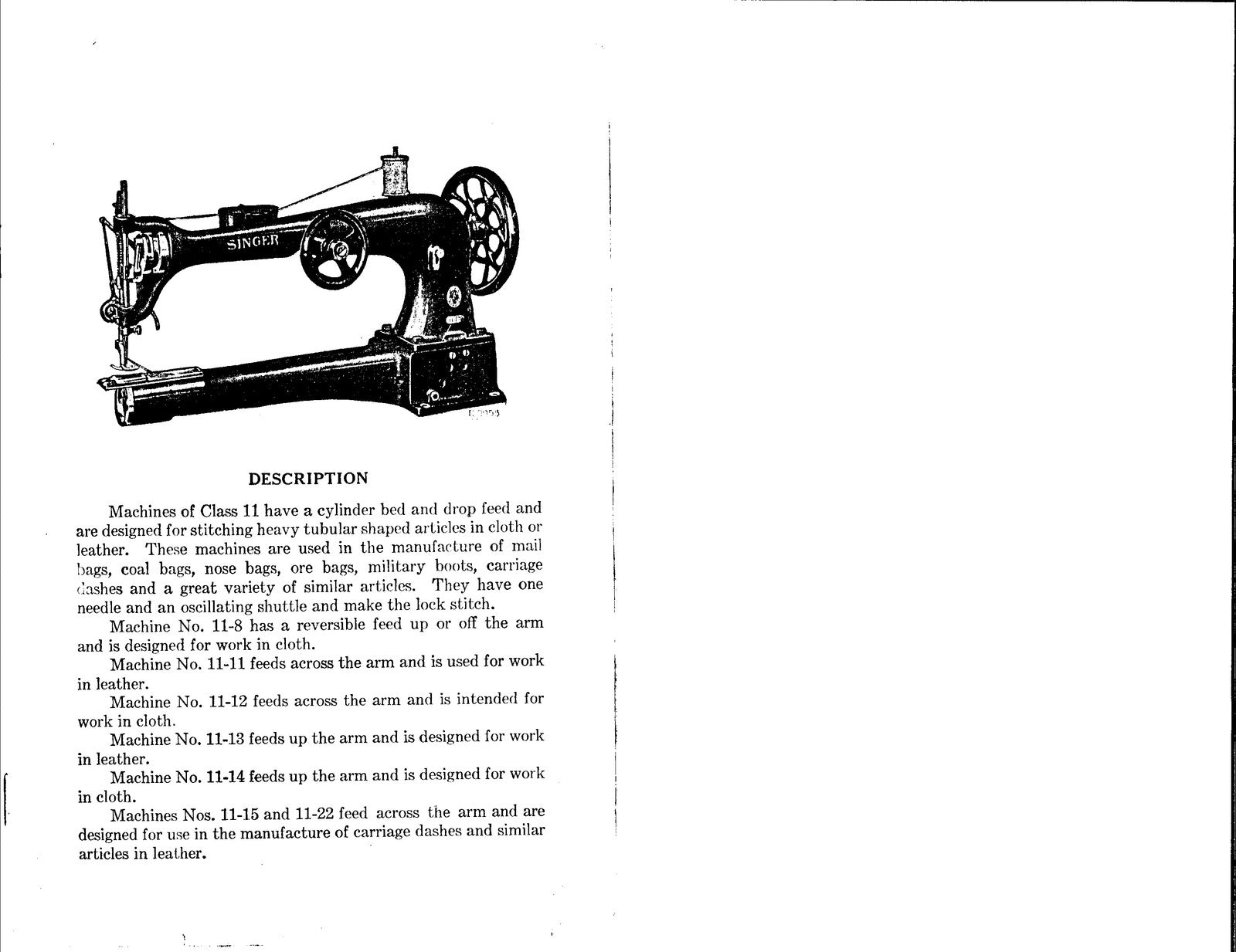 SINGER Class 11 Cylinder Bed Sewing Machine Instruction Manual - WIRE BOUND