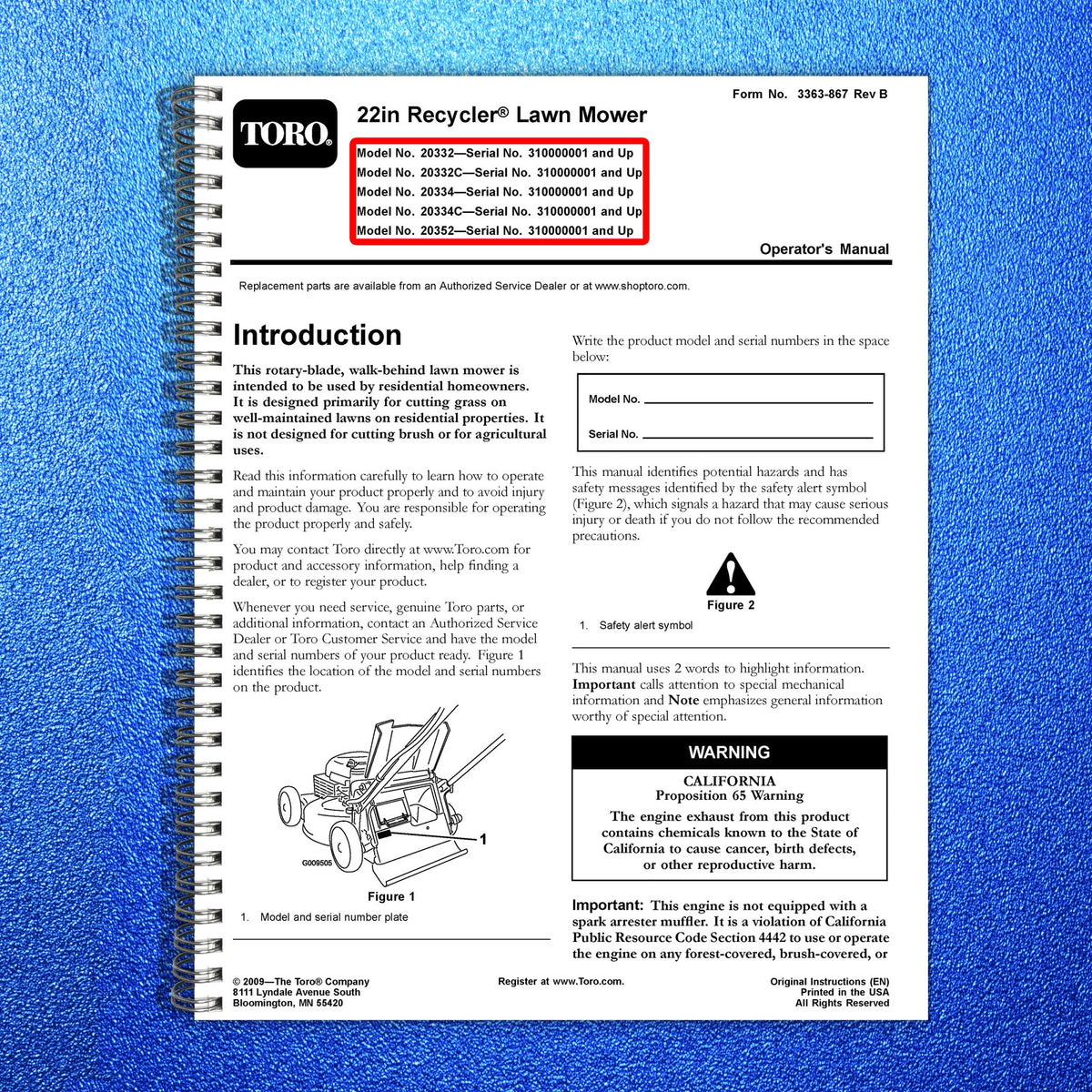 TORO 20332 20332C 20334 20334C 20352 Operators Manual BUNDLE - WIRE BOUND