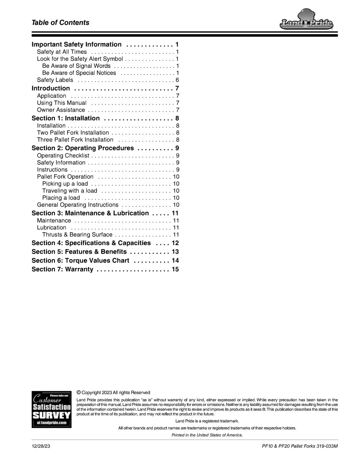 LAND PRIDE PF10 PF20 Series Pallet Forks Operators Manual - WIRE BOUND - COVERS
