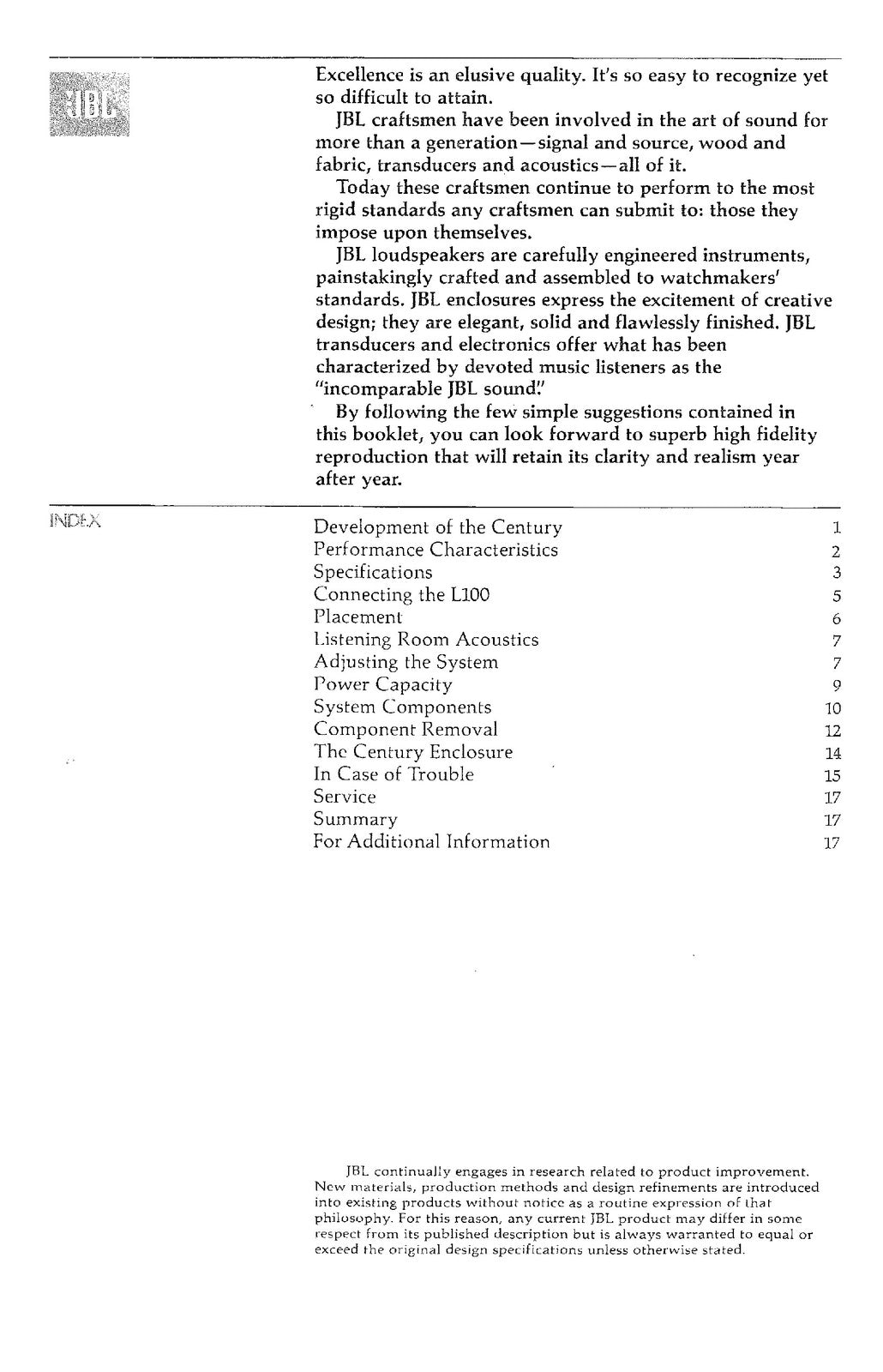 JBL L100 Century Speakers Instruction Manual - STEEL WIRE BOUND - TOUGH COVERS