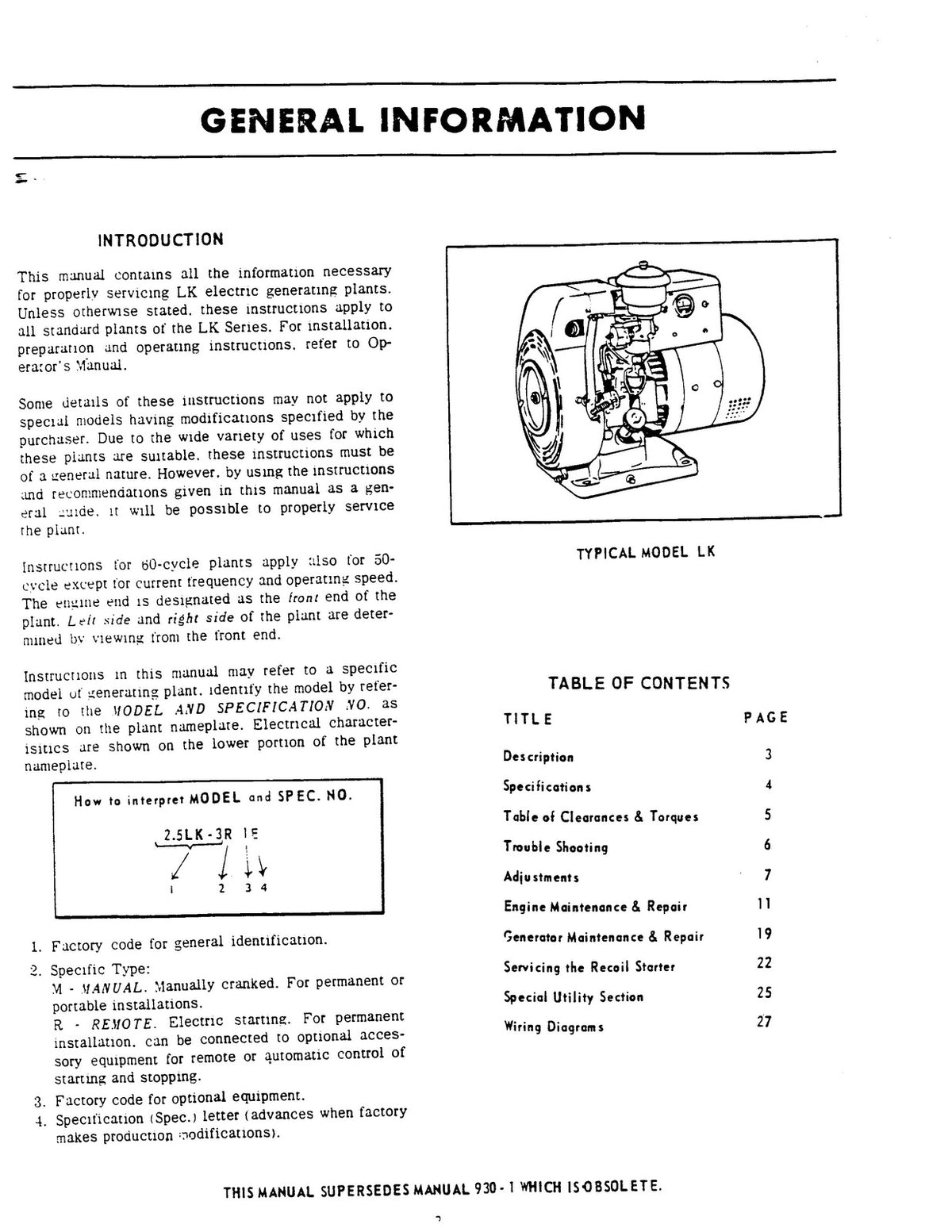 ONAN LK 601V To 15kV Generator Sets Service Manual 1986 - WIRE BOUND - COVERS