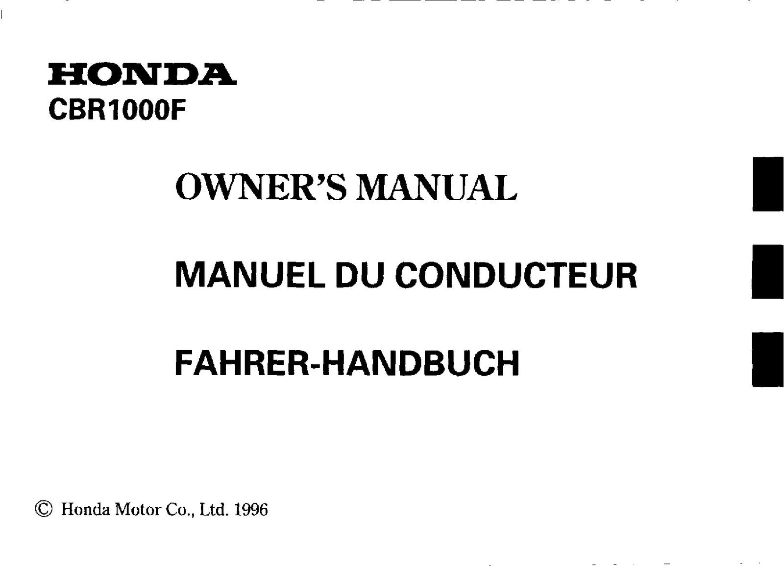 HONDA CBR1000F Motorcycle Owners Manual 1996 - BOUND - COVERS - XL FOLDOUT PAGES