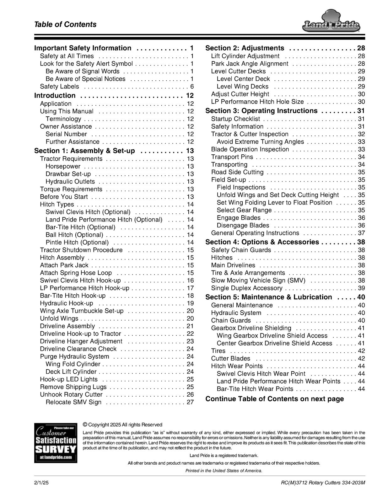LAND PRIDE RC3712 RCM3712 Rotary Cutters Operators Manual - WIRE BOUND - COVERS