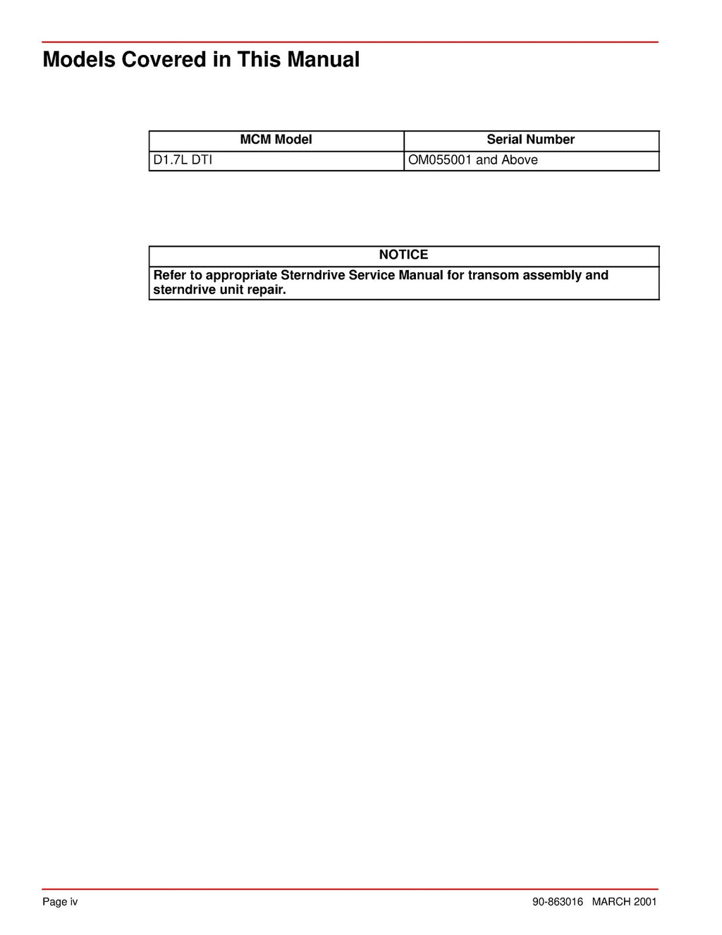 MERCURY MERCRUISER NO 29 D17L DTI 0M055001 & UP SERVICE MANUAL - WIRE BOUND