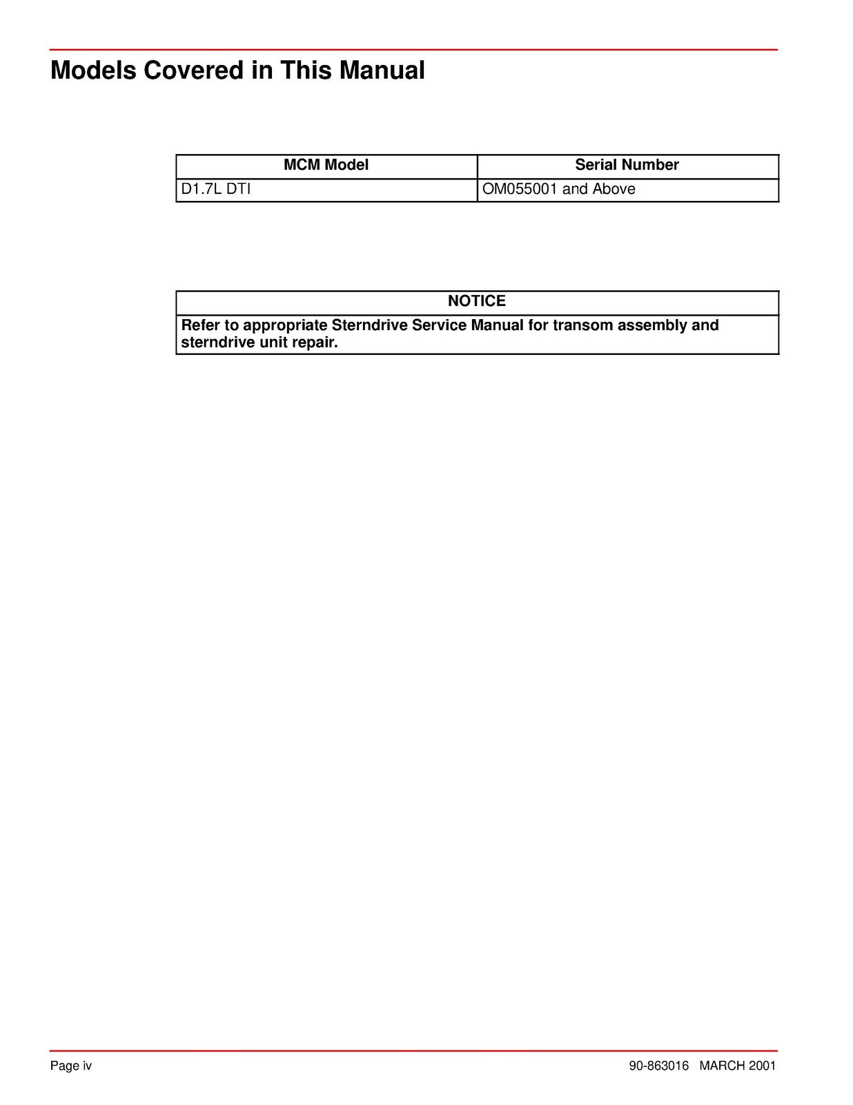 MERCURY MERCRUISER NO 29 D17L DTI 0M055001 & UP SERVICE MANUAL - WIRE BOUND