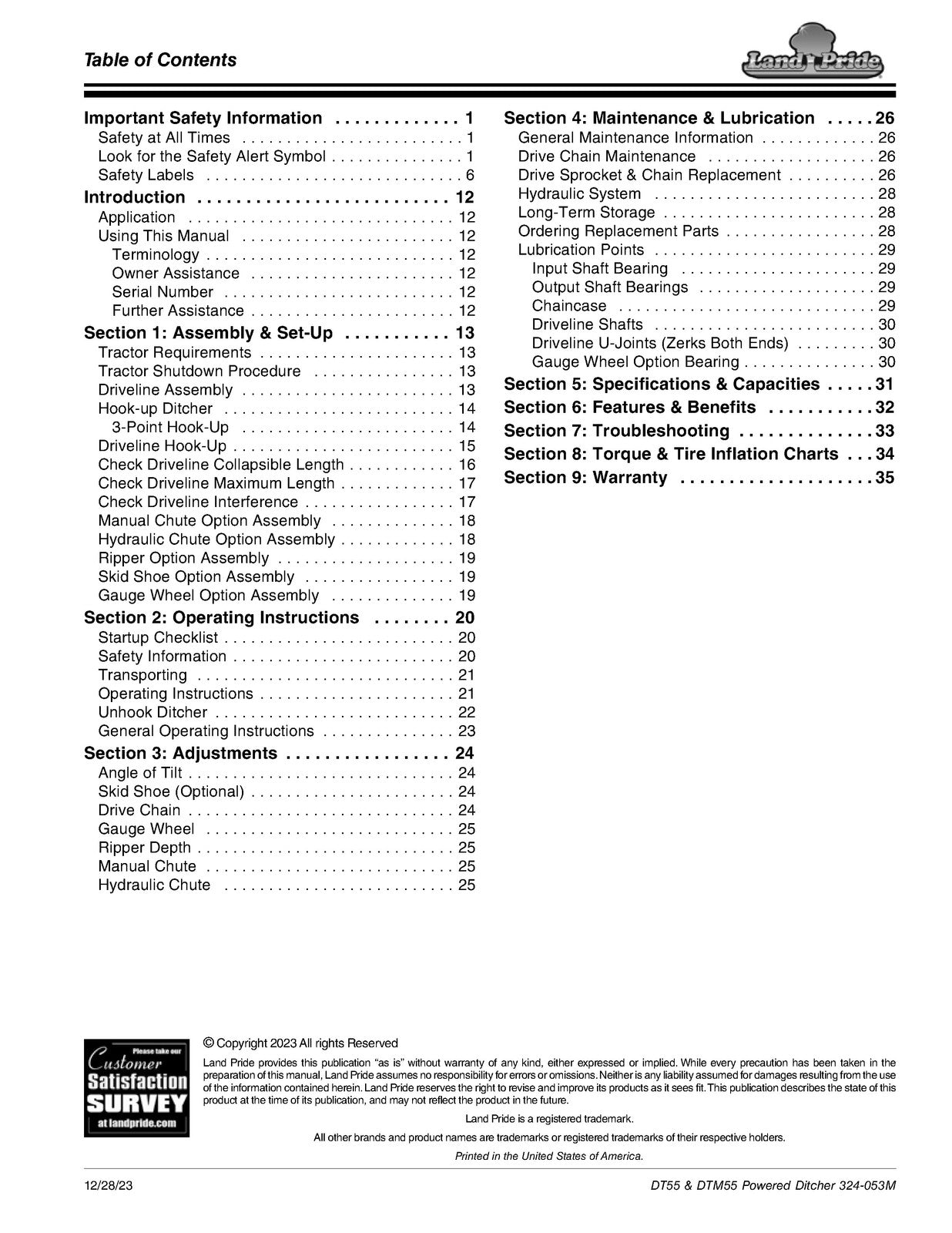 LAND PRIDE DT55 Series Ditchers Operators Manual - WIRE BOUND - TOUGH COVERS
