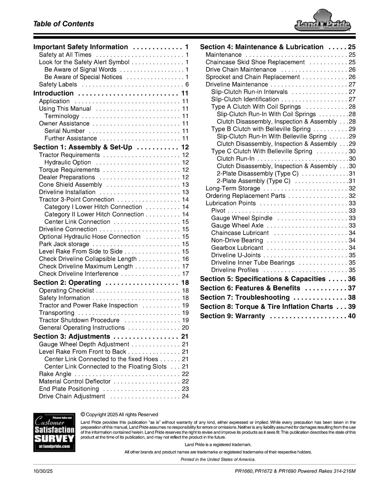 LAND PRIDE PR16 Series Powered Rakes Operators Manual - WIRE BOUND - COVERS