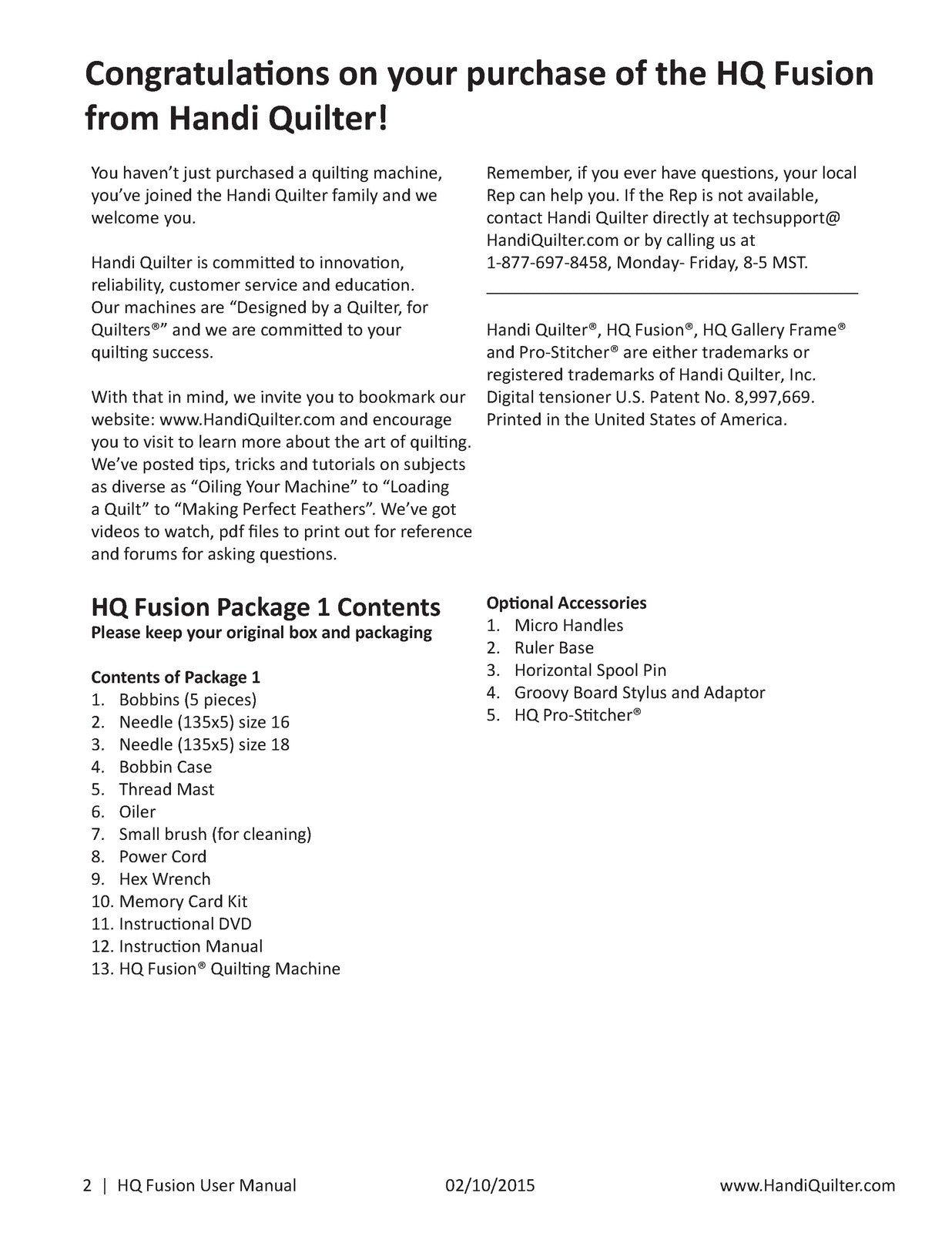 HANDI QUILTER Fusion 24-Inch Longarm User Manual 2015, BOUND, COVERS, FOLDOUTS