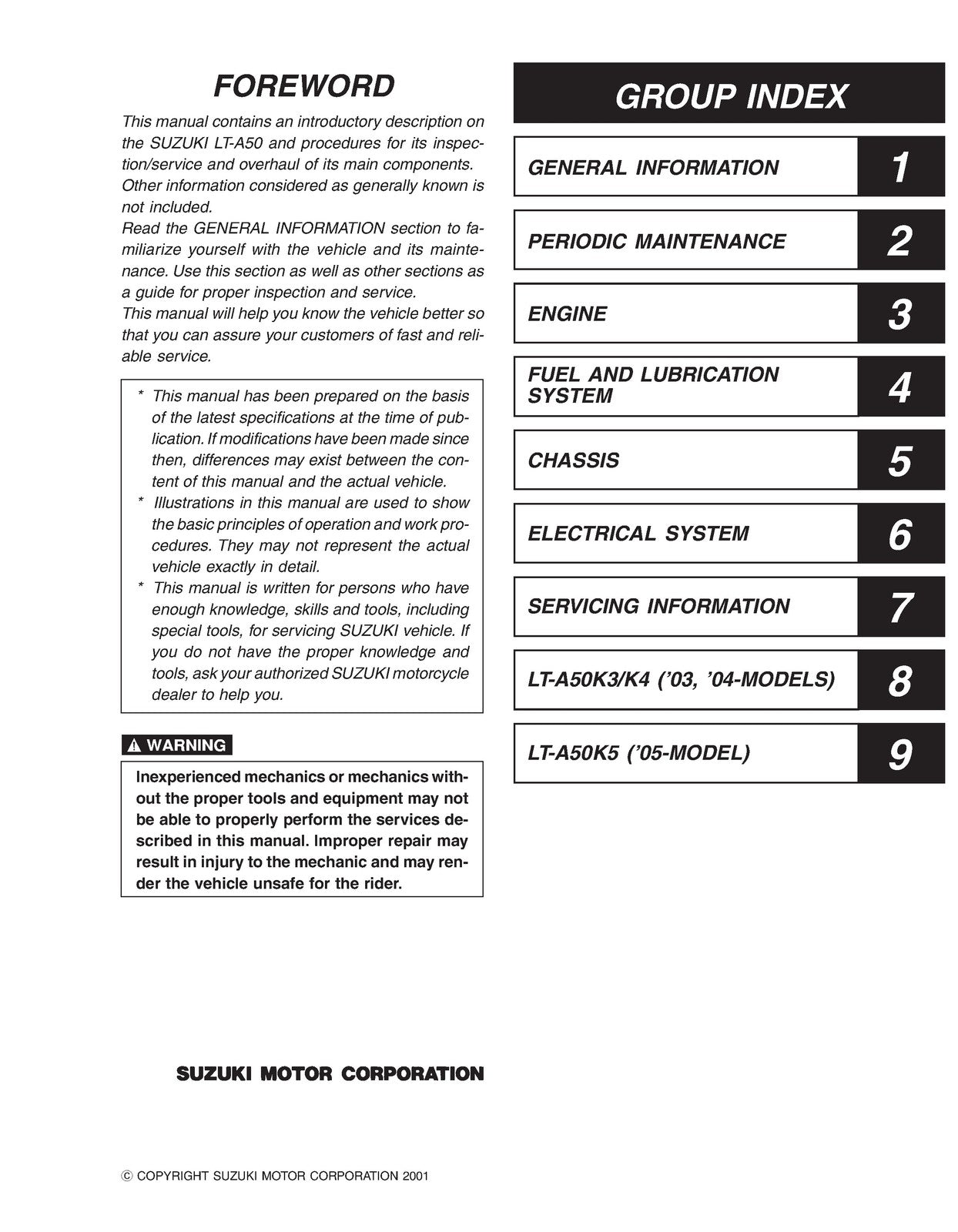 SUZUKI LT-A50 Service Manual 2 - STEEL WIRE BOUND - PROTECTIVE COVERS