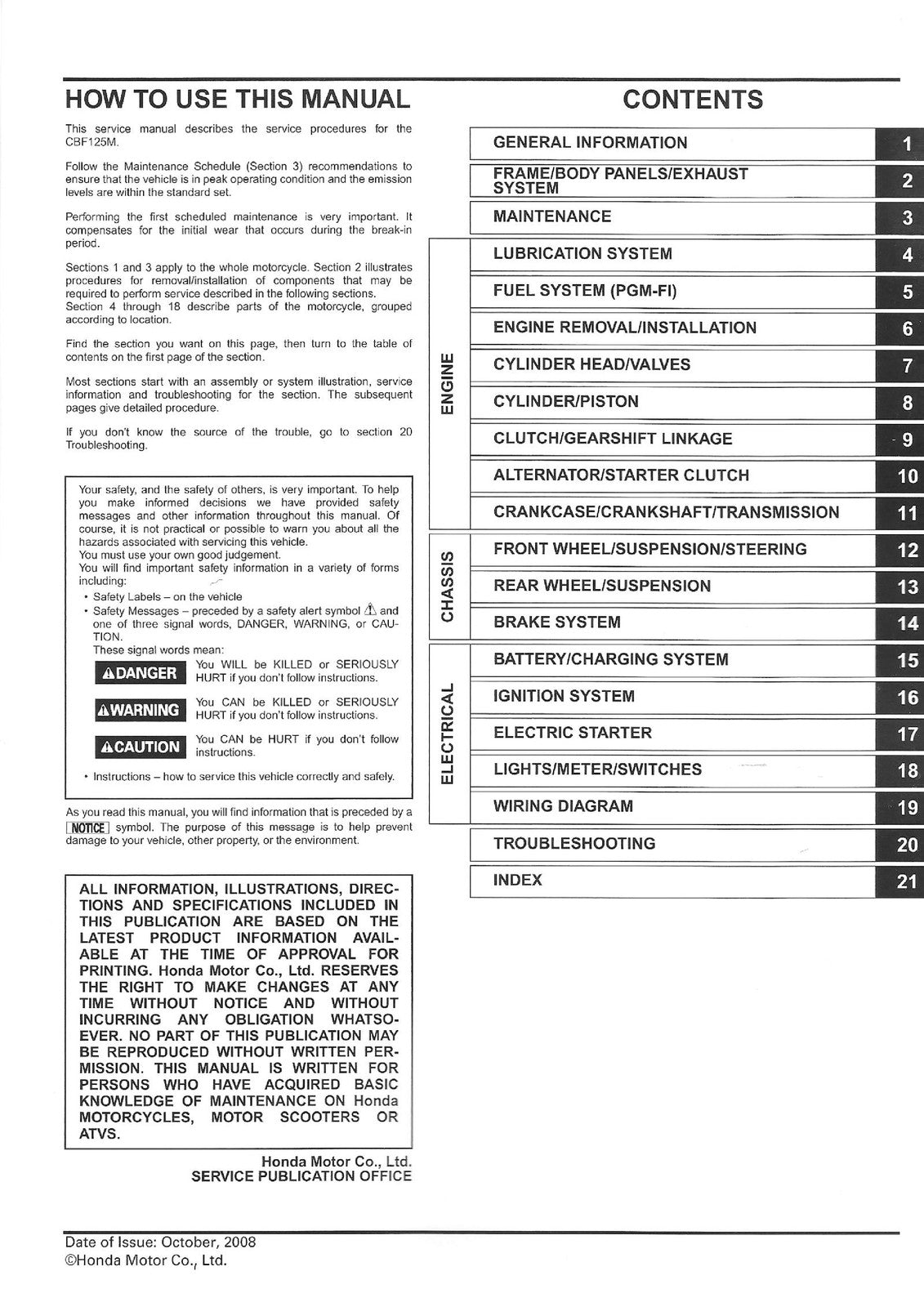 HONDA CBF 125 M-9 Motorcycle Shop Manual - STEEL WIRE BOUND - PROTECTIVE COVERS