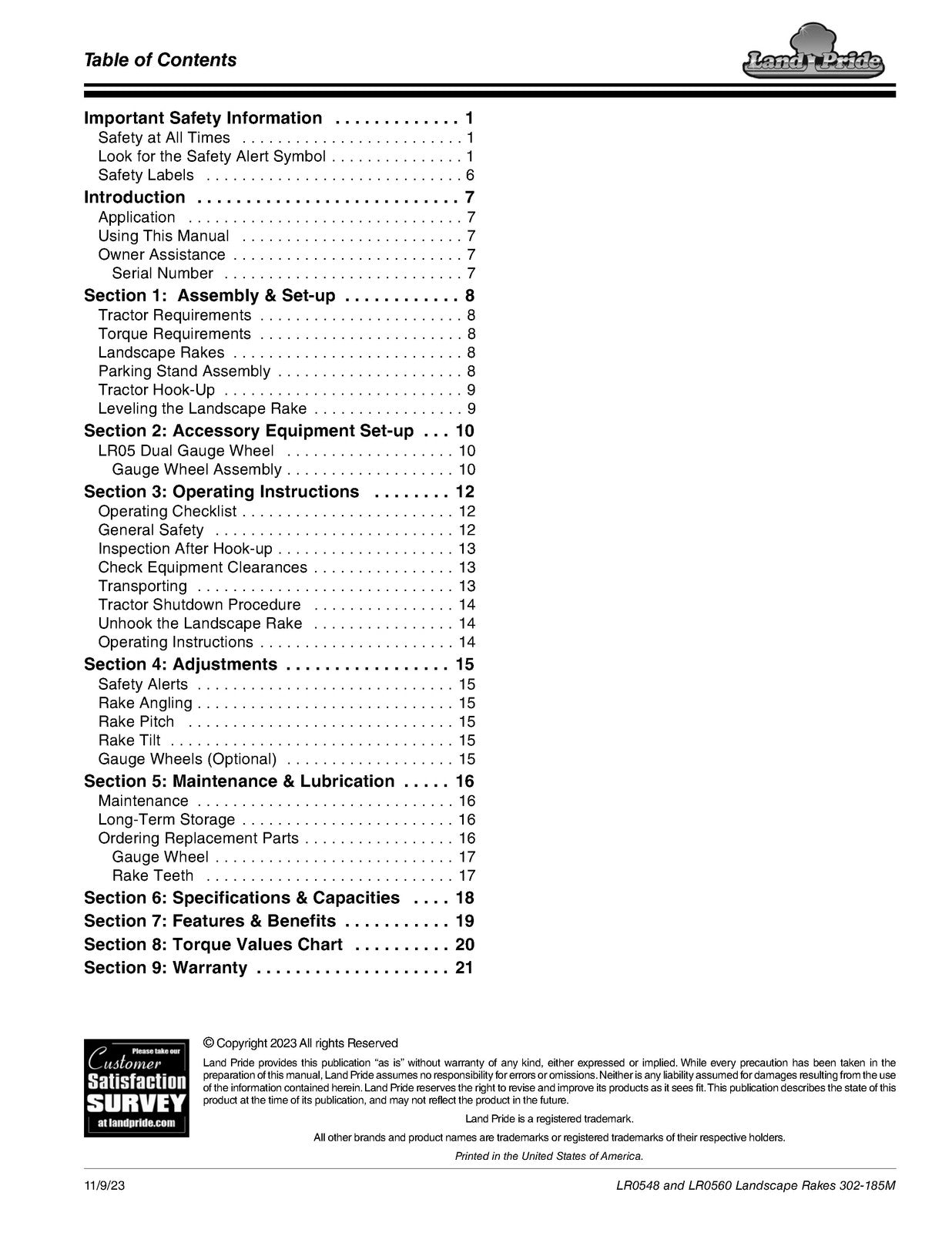 LAND PRIDE LR05 Series Landscape Rakes Operators Manual - WIRE BOUND - COVERS