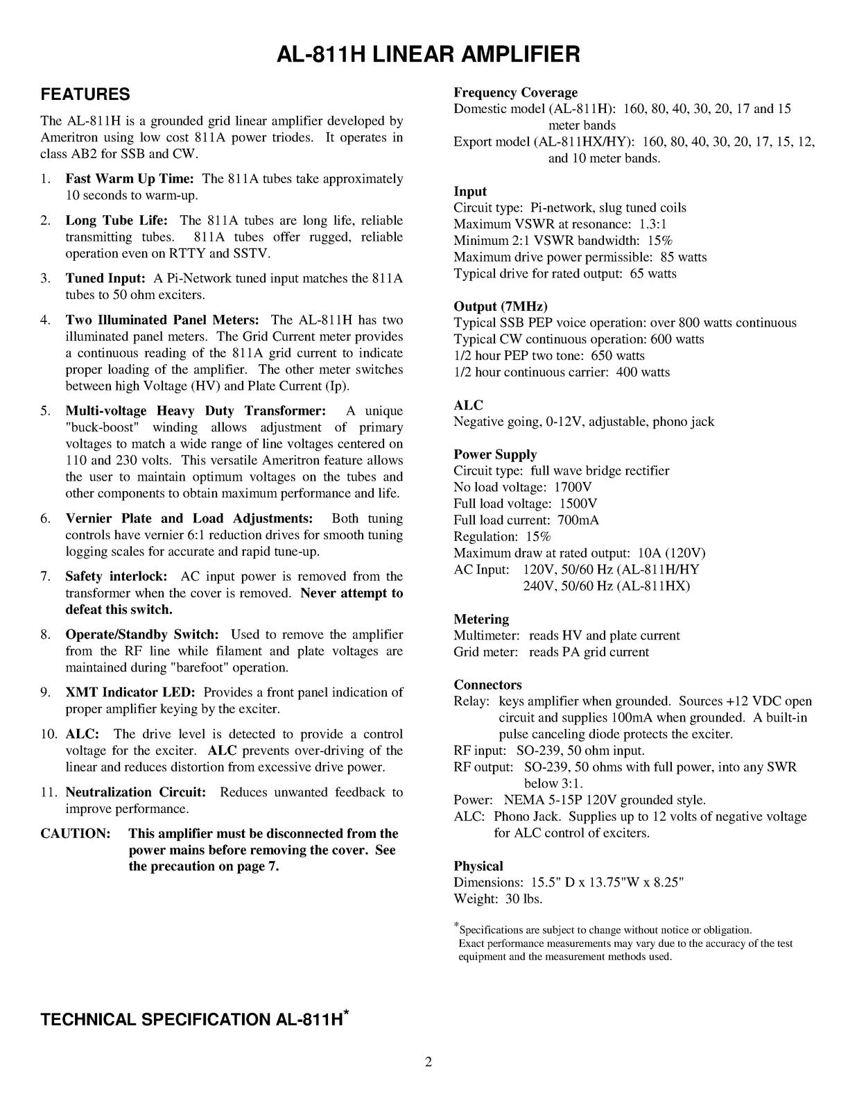 AMERITRON AL-811H HF Power Linear Amplifier Instruction Manual - WIRE BOUND