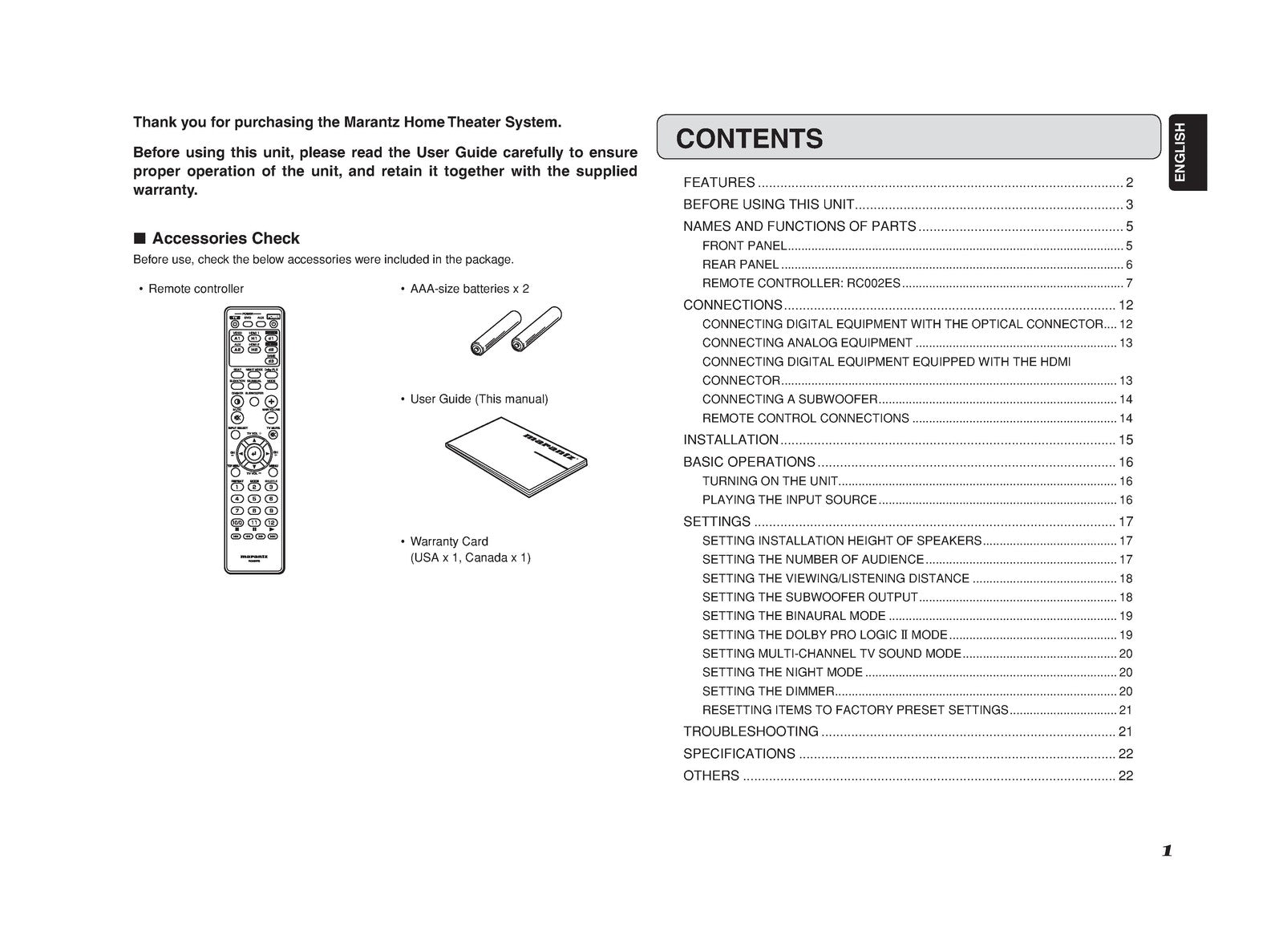 MARANTZ ES7001 Home Theater System User Guide 2007 - WIRE BOUND - TOUGH COVERS