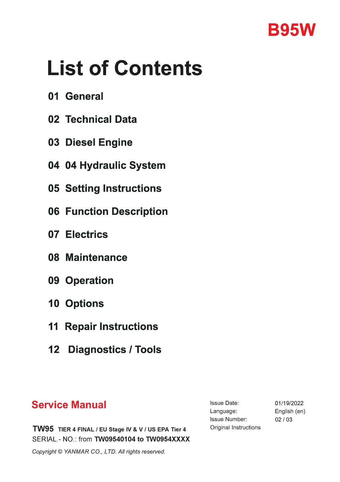 YANMAR B95W TW95 Excavator Service Manual SN TW09540104 Up, FOLDOUTS