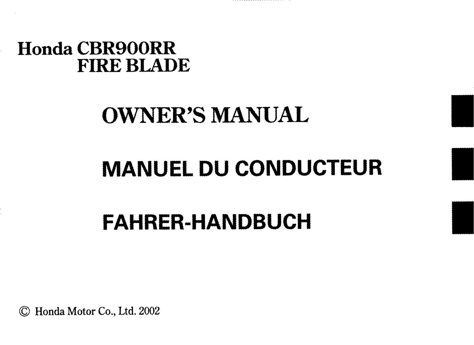 HONDA CBR900RR Fire Blade Owners Manual 2002 - BOUND - COVERS - XL FOLDOUT PAGES