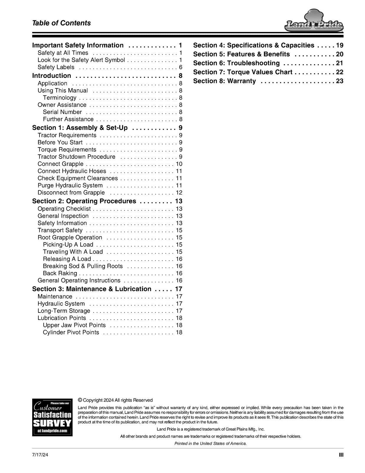 LAND PRIDE RG10 Series Root Grapples Operators Manual - WIRE BOUND - COVERS