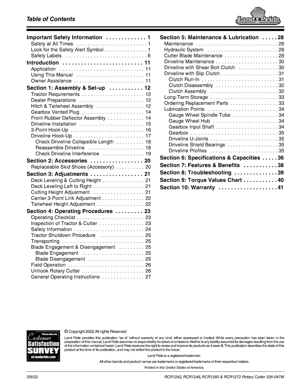 LANDPRIDE RCR 1242 1248 1260 1272 Rotary Cutter Operators Manual - WIRE BOUND