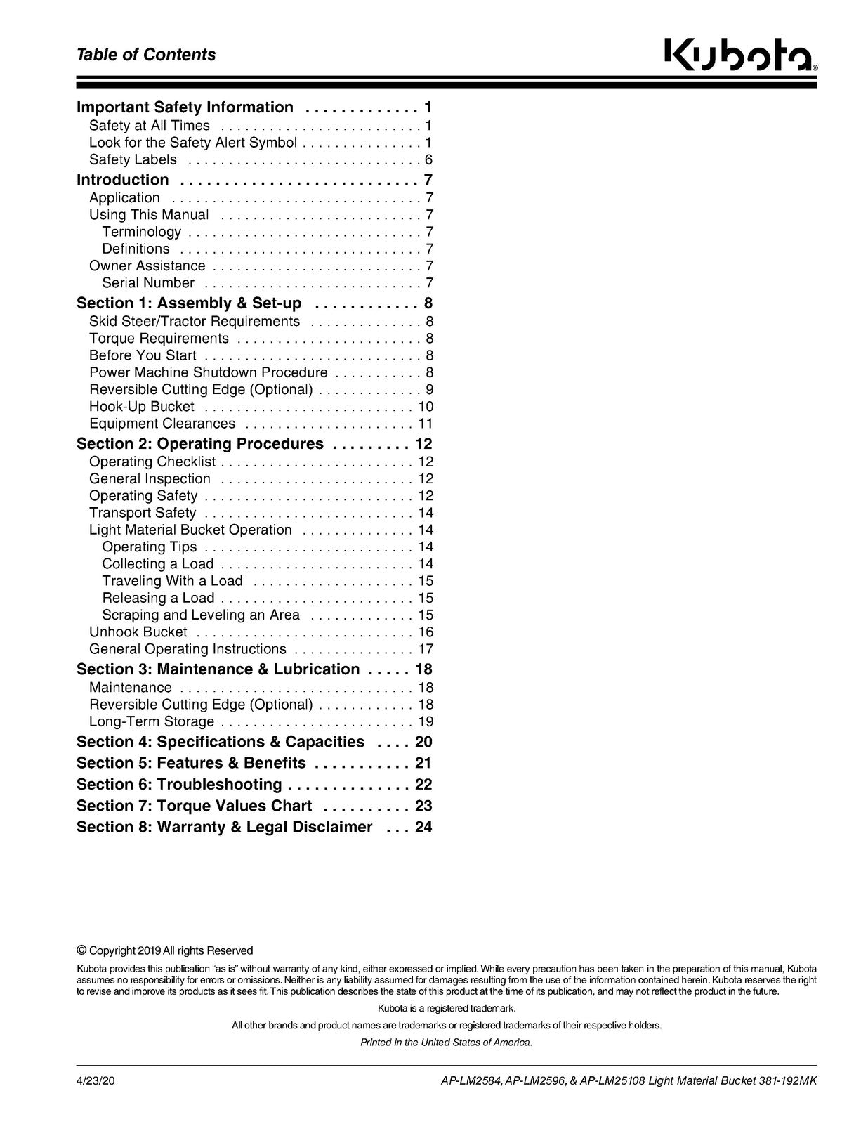 LAND PRIDE LM25 Series Light Material Bucket Operators Manual - WIRE BOUND